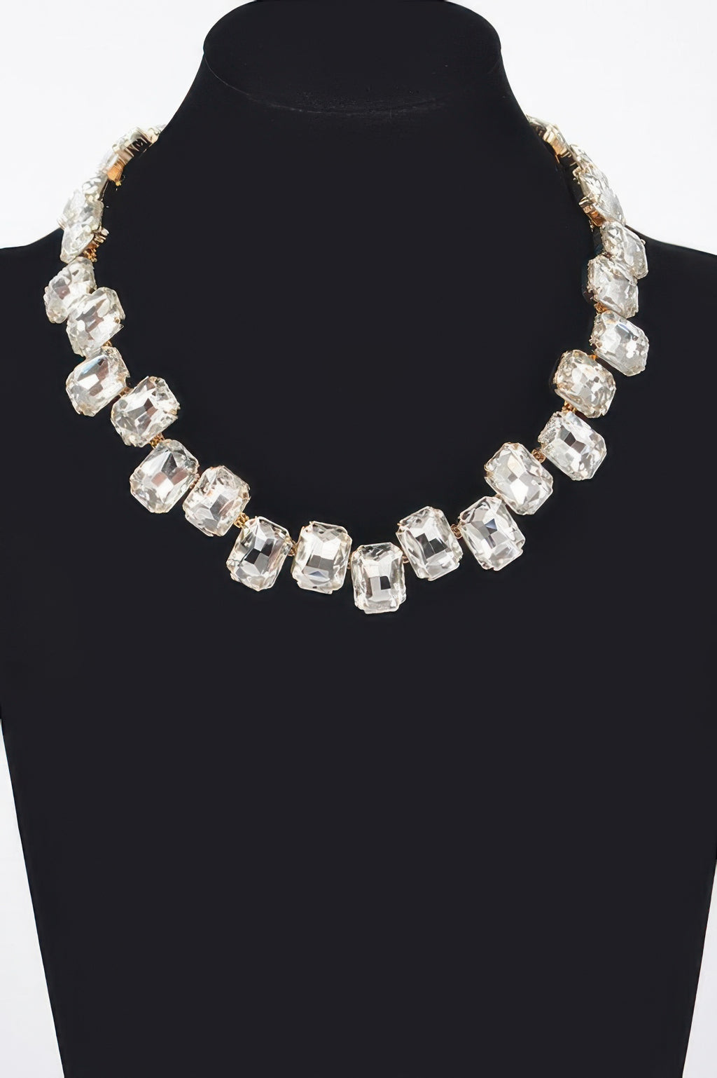 Stone Necklace with clear faceted square beads and gold-tone links