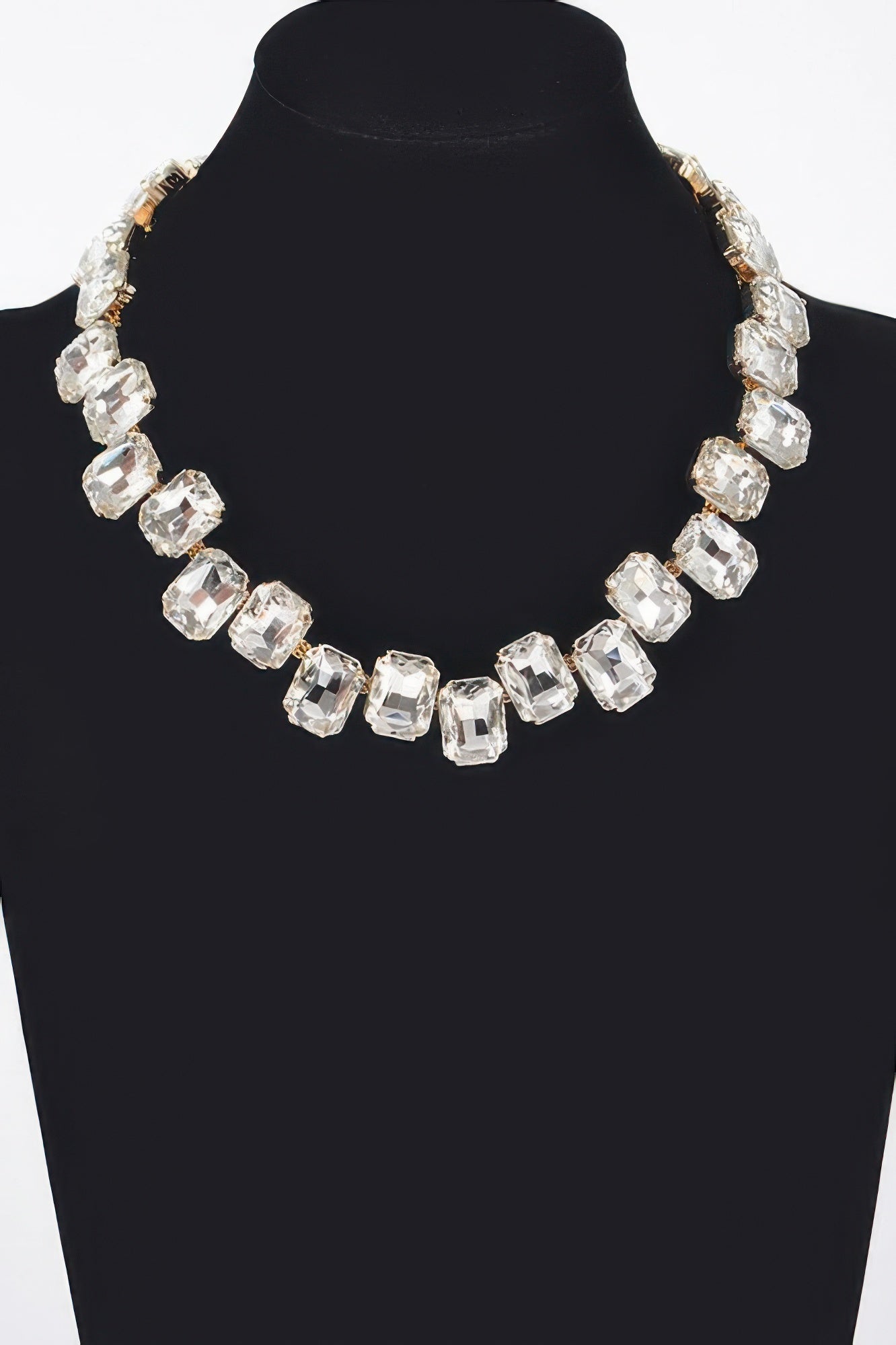 Stone Necklace with clear faceted square beads and gold-tone links
