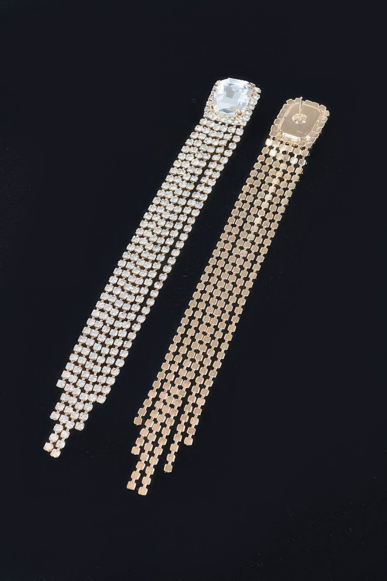 Rhinestone fringe earrings, clear gold-tone stones with long dangling lattice rows