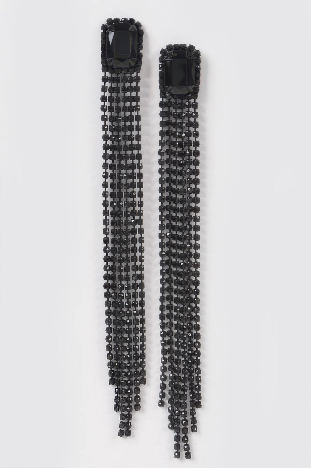Black rhinestone fringe earrings with square stud tops and long beaded tassels