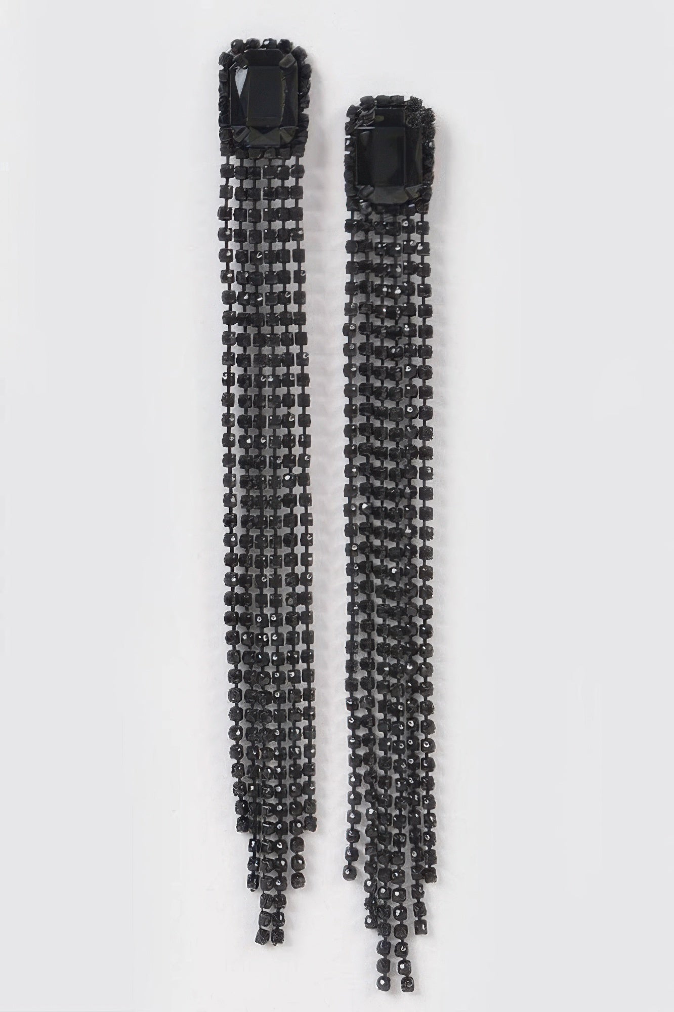 Black rhinestone fringe earrings with square stud tops and long beaded tassels