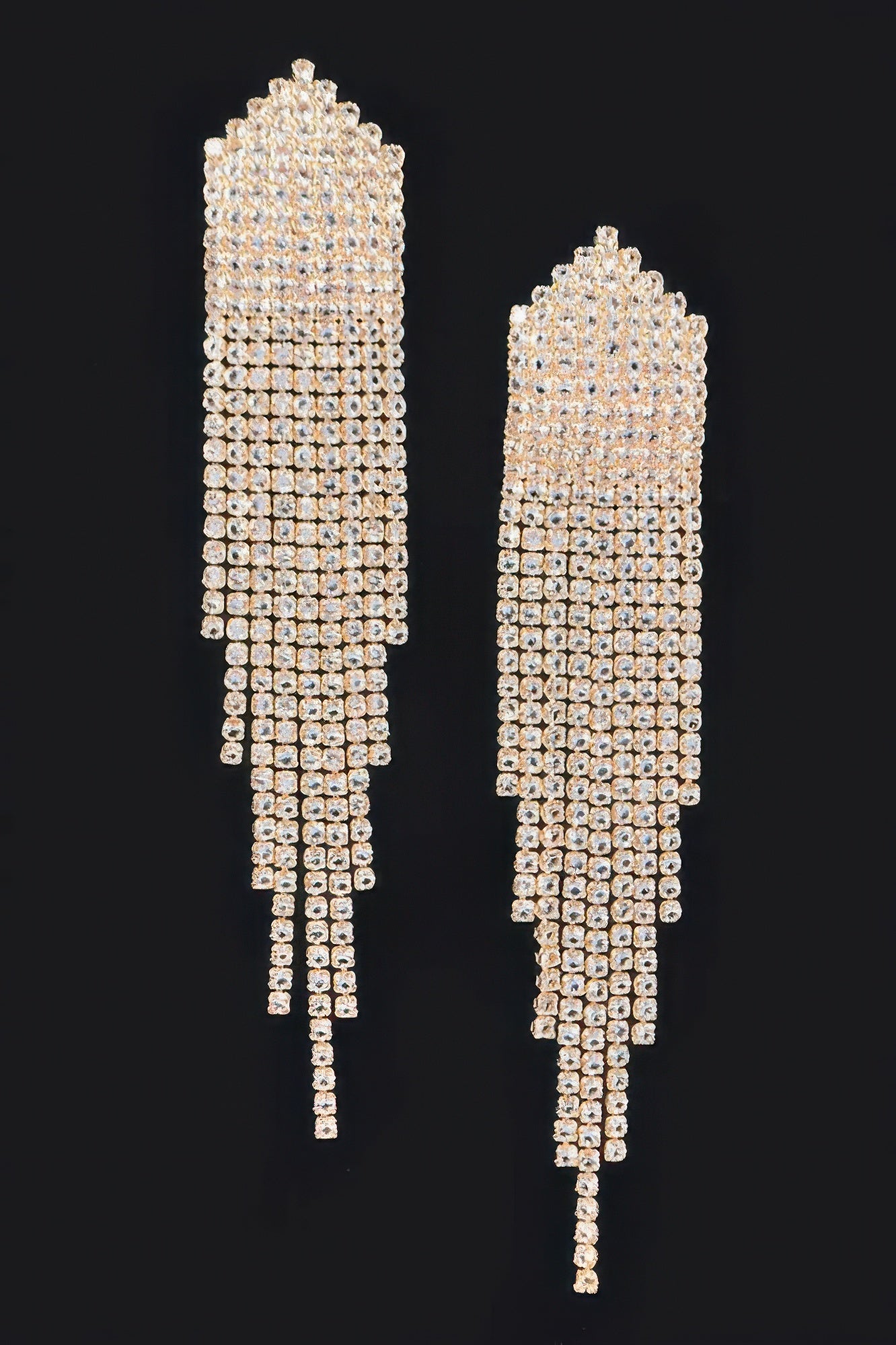 Rhinestone fringe earrings in clear gold, rectangular crystal panels with dangling strands