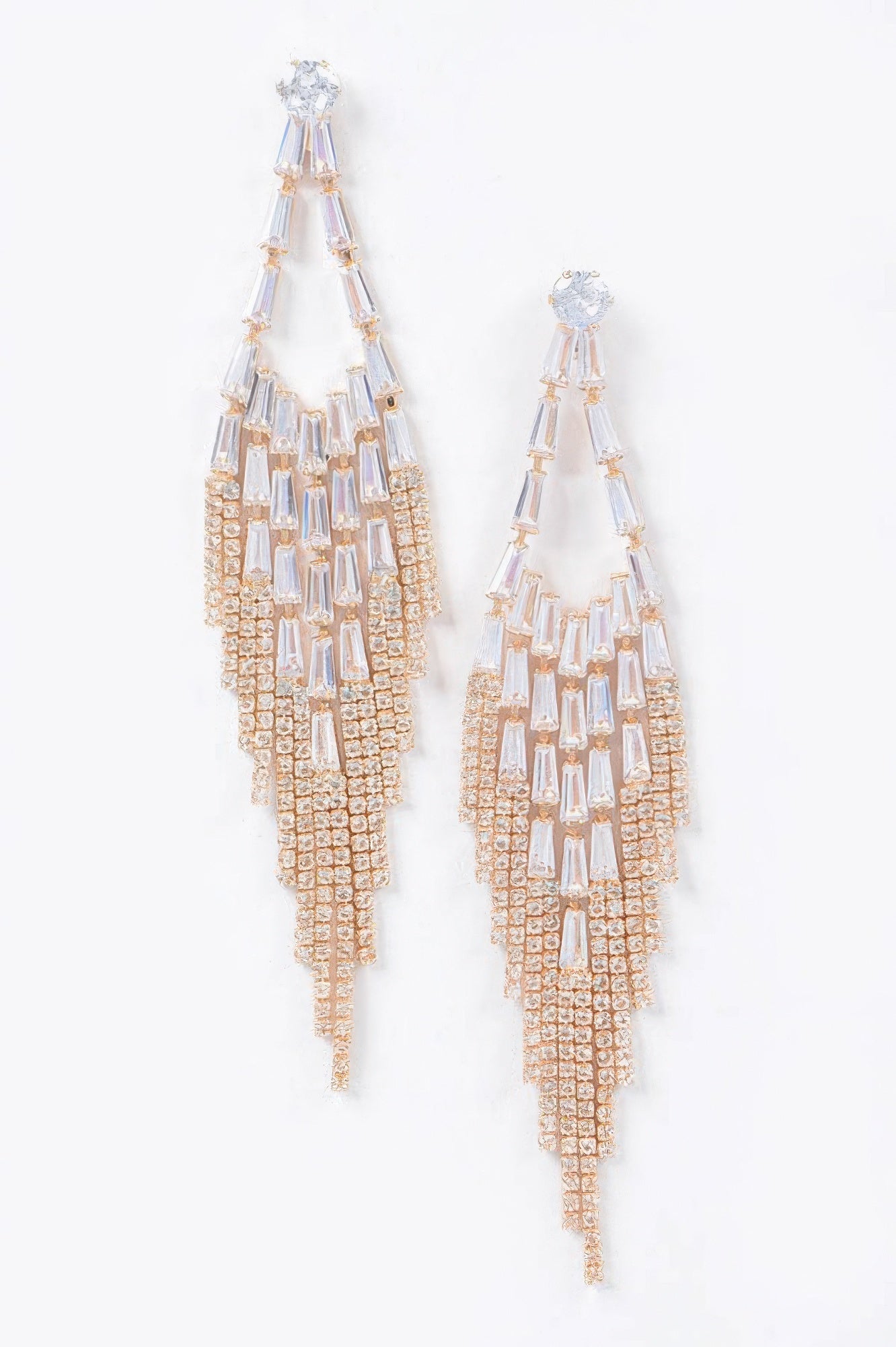 Cubic and stone fringe earrings, clear gold tone with faceted baguette and round drops