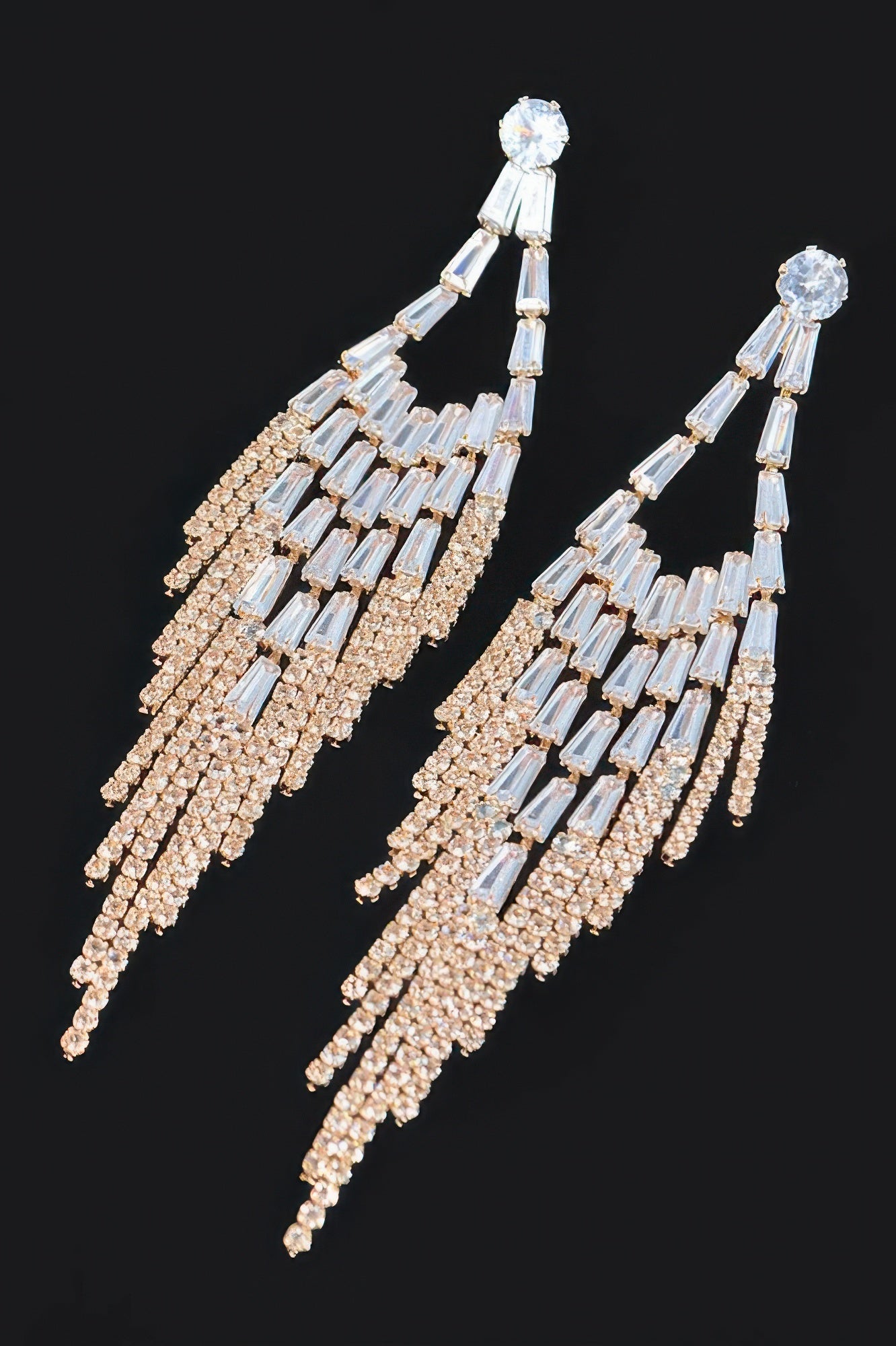 Cubic and stone fringe earrings, clear gold tone; tiered baguette and crystal dangle