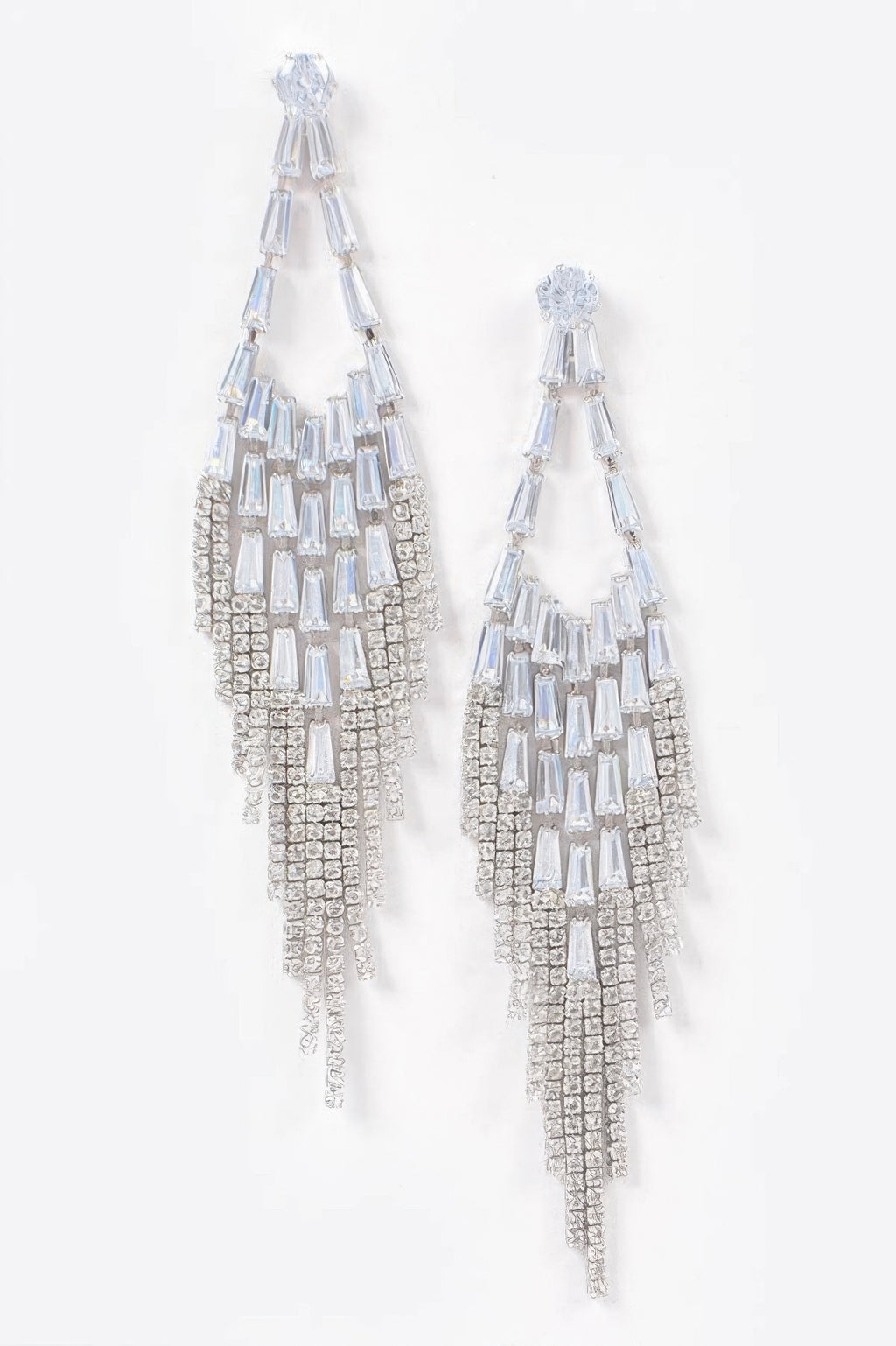 Cubic and stone fringe earrings, clear silver tone with baguette crystals and tassel