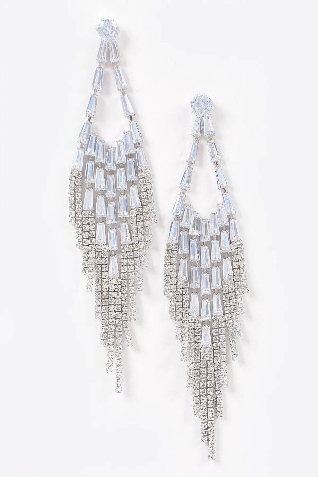 Cubic and stone fringe earrings, clear silver tone with baguette crystals and tassel