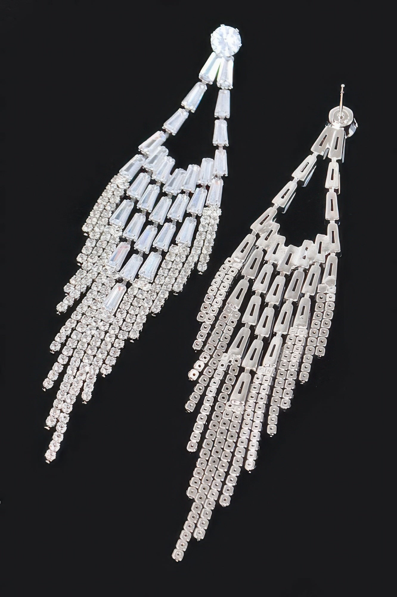 Cubic and stone fringe earrings, clear silver tone; geometric tiered crystal fringe