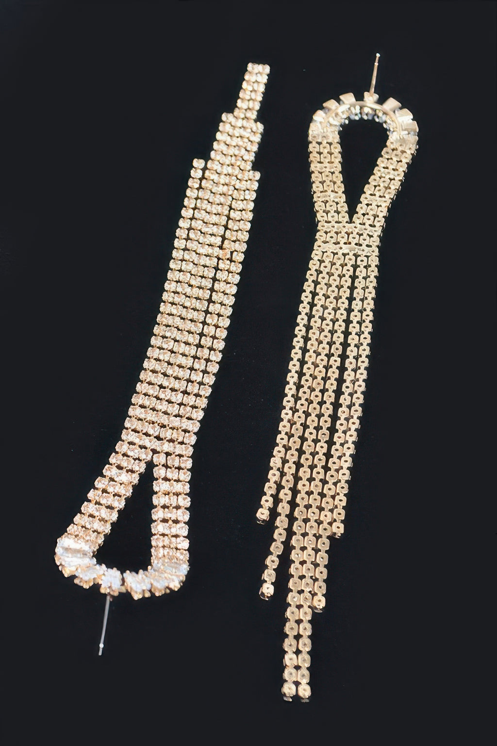 Cubic And Stone fringe earrings, clear gold tone, long strands and stud post