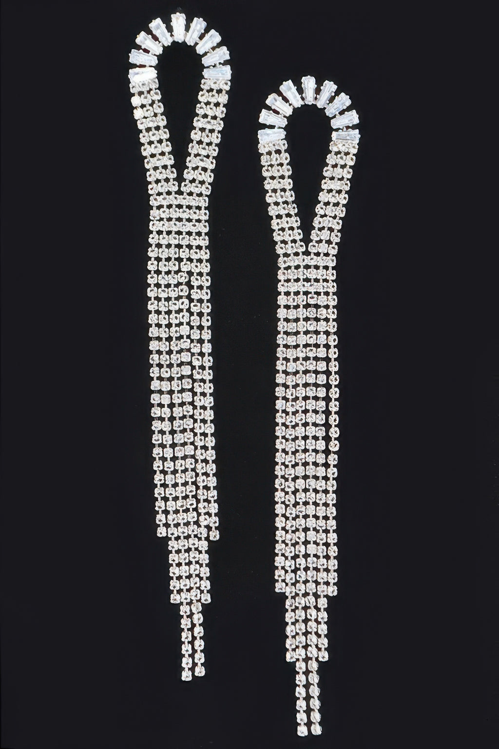 Cubic And Stone fringe earrings, clear silver tone, U-top with chain tassels