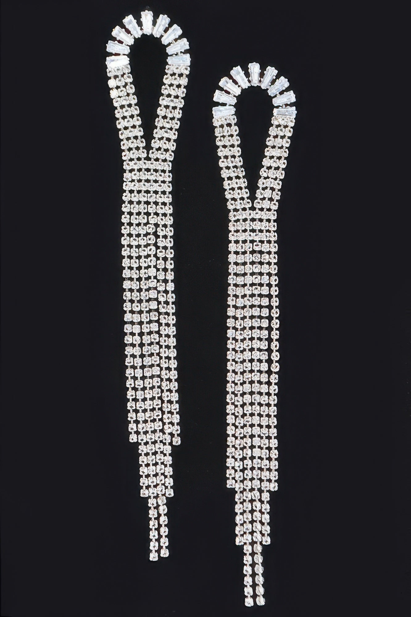 Cubic And Stone fringe earrings, clear silver tone, U-top with chain tassels
