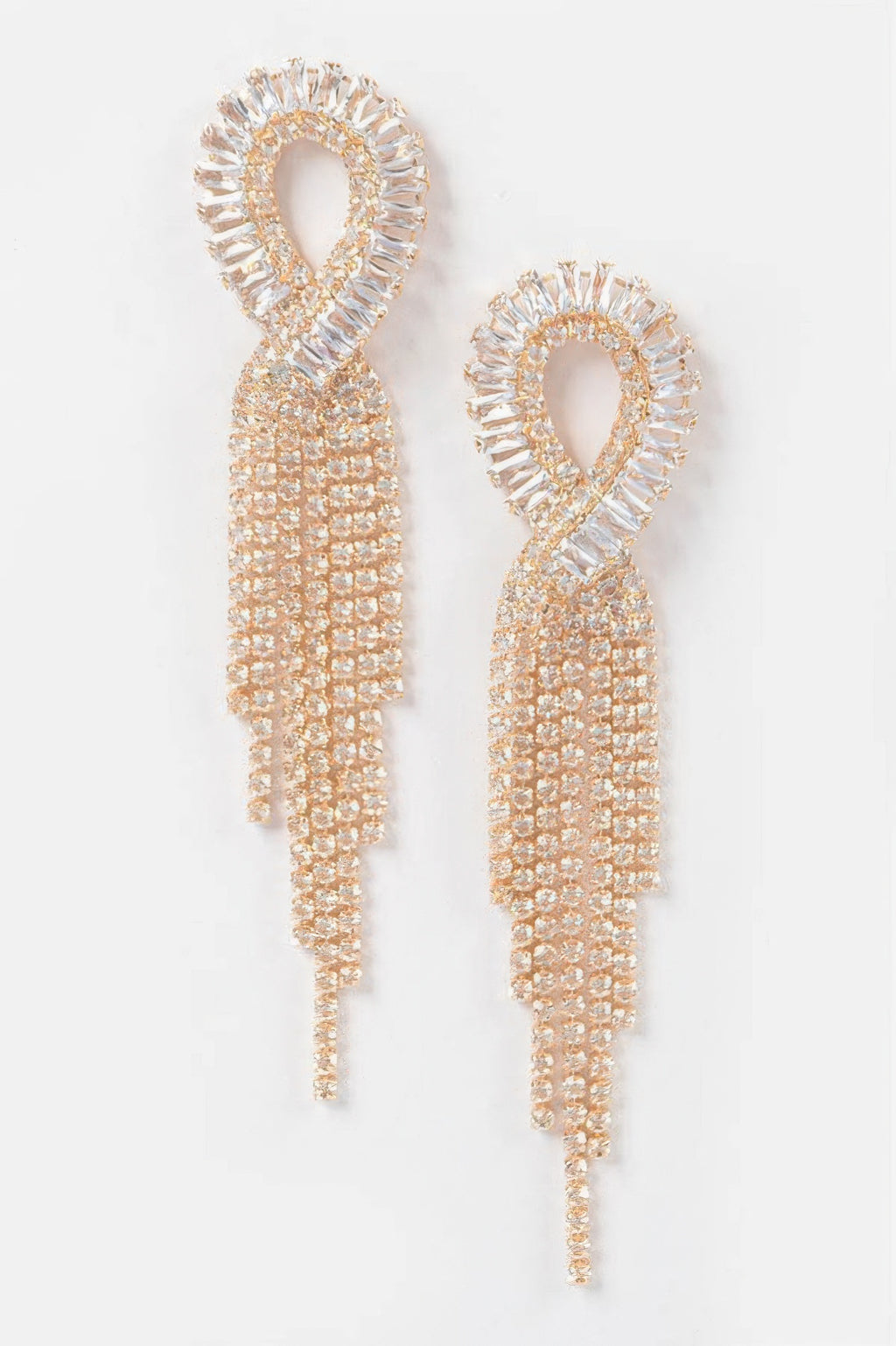 Clear gold Cubic & Stone fringe earrings with teardrop hoops, long dangling tassels
