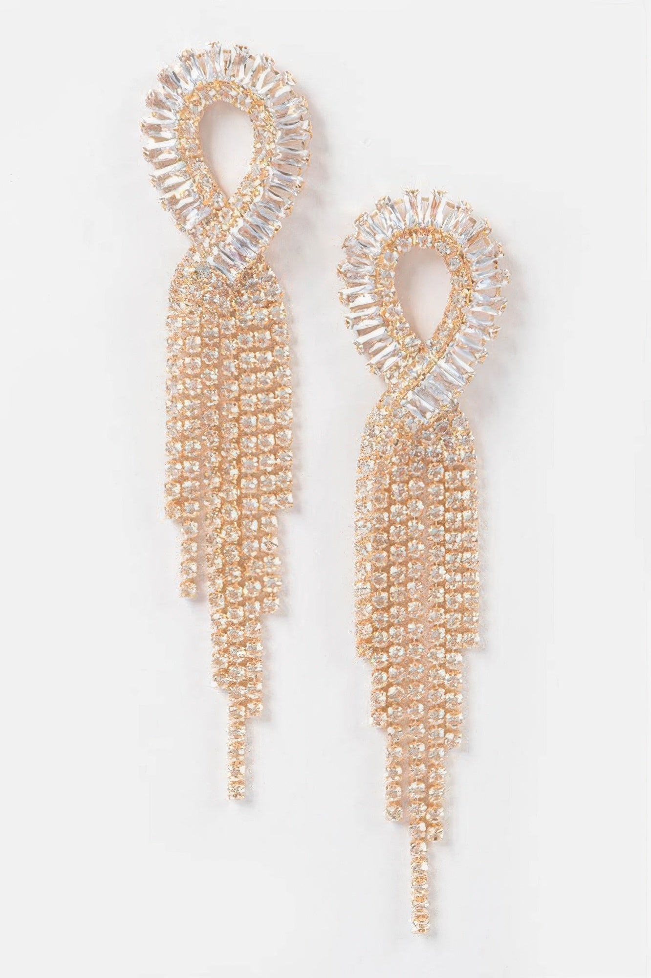 Clear gold Cubic & Stone fringe earrings with teardrop hoops, long dangling tassels