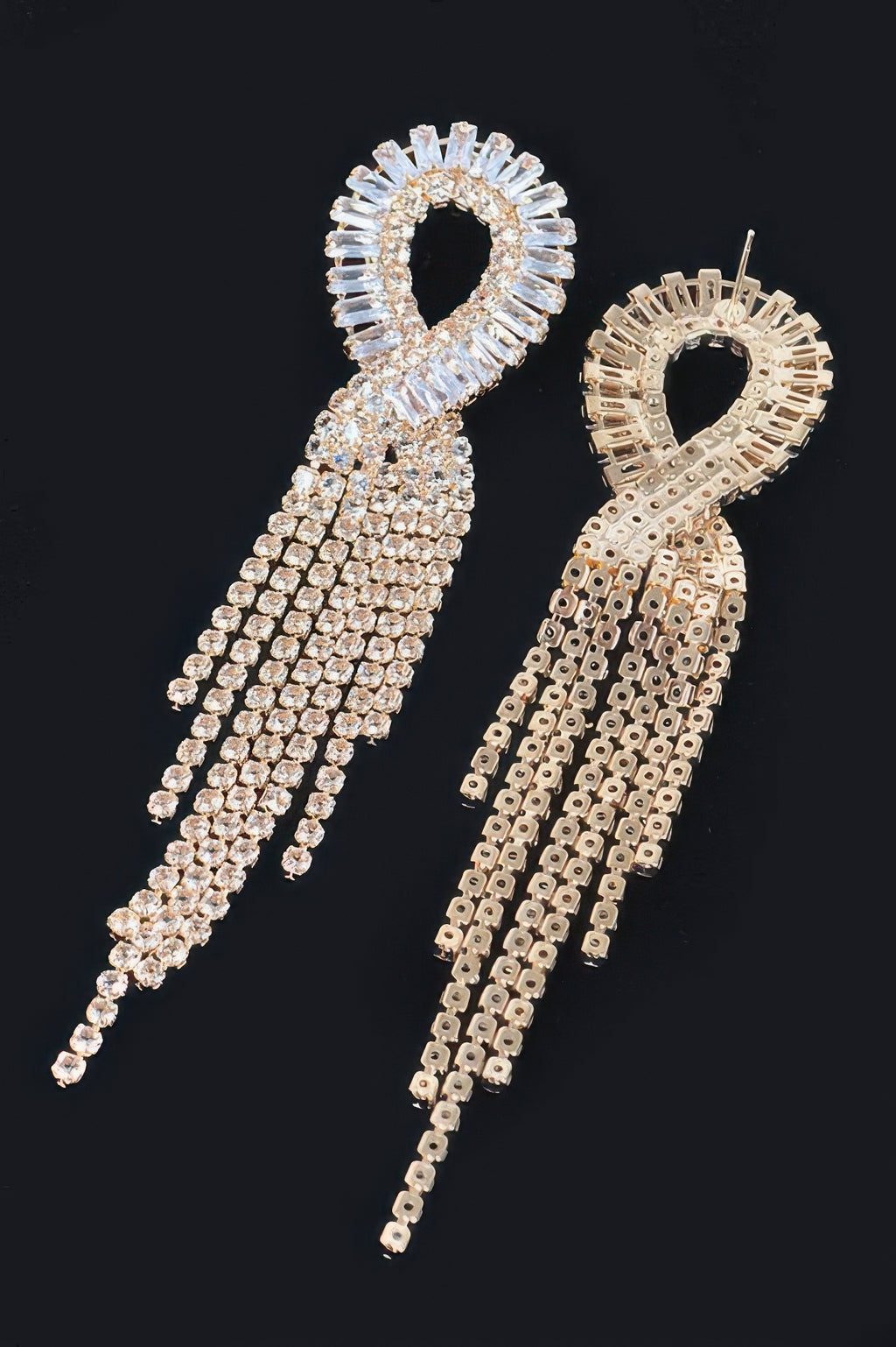 Clear gold cubic-stone fringe earrings with spiky hoop tops and chain tassels