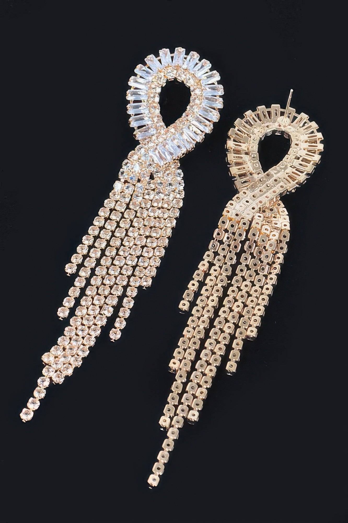 Clear gold cubic-stone fringe earrings with spiky hoop tops and chain tassels