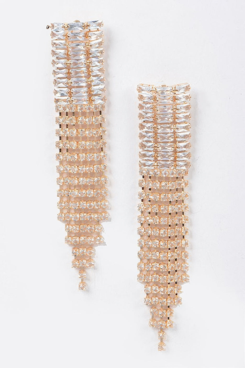 Cubic & stone fringe earrings in clear gold tone, tiered rows with dangling drops