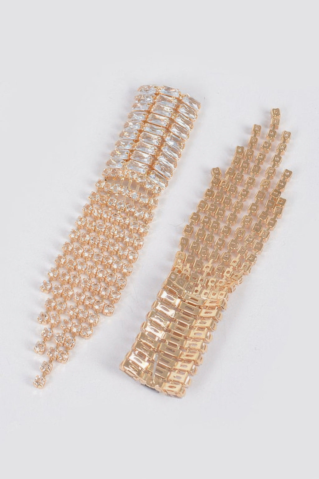 Cubic & stone fringe earrings in clear gold tone, wide cuff-style fringe with drops