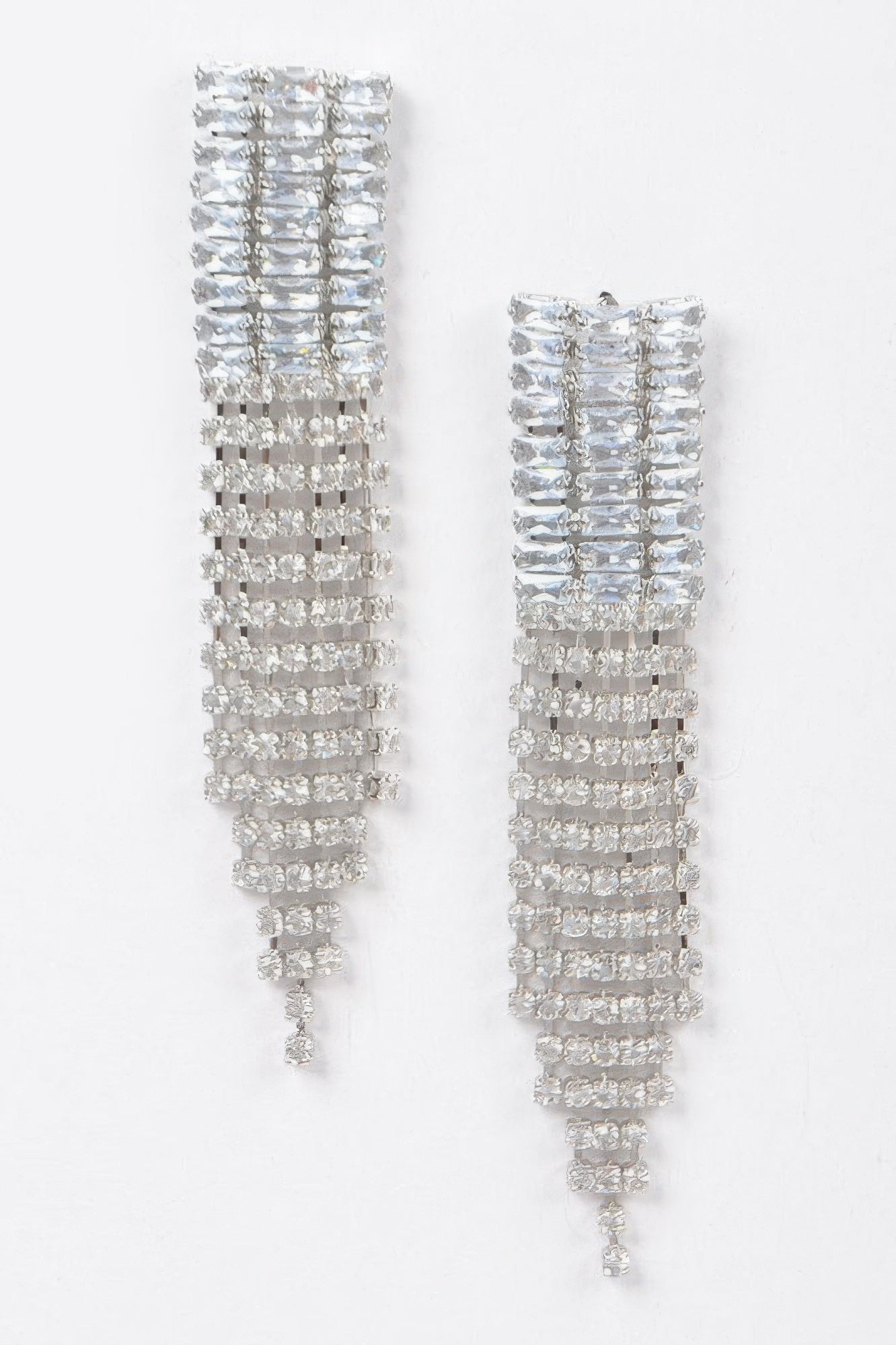 Cubic & stone fringe earrings in clear silver tone, tiered crystal rows with dangling drops