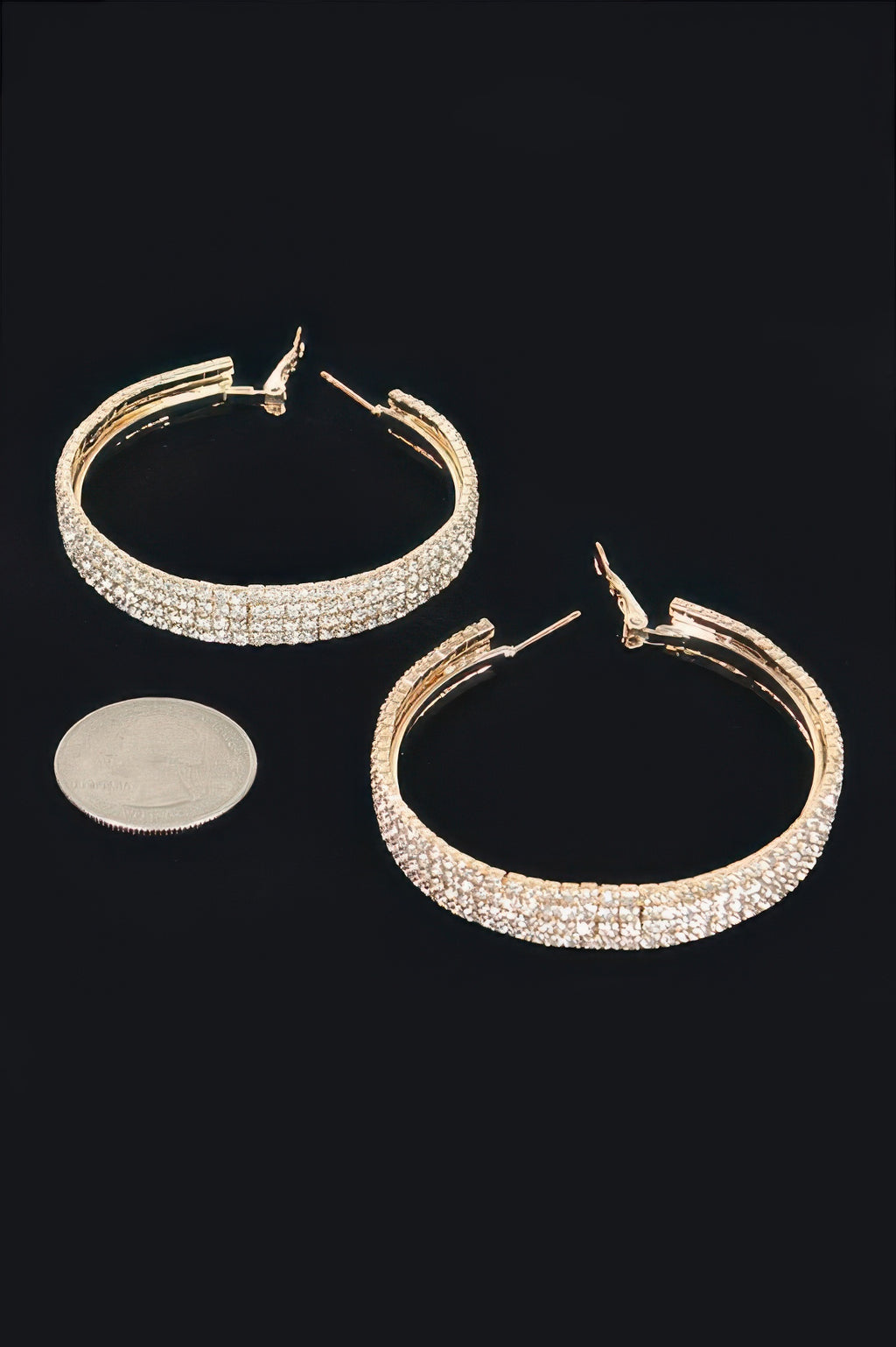 Two-tone rhinestone hoop earrings: gold-tone and silver-tone, hinged clasps