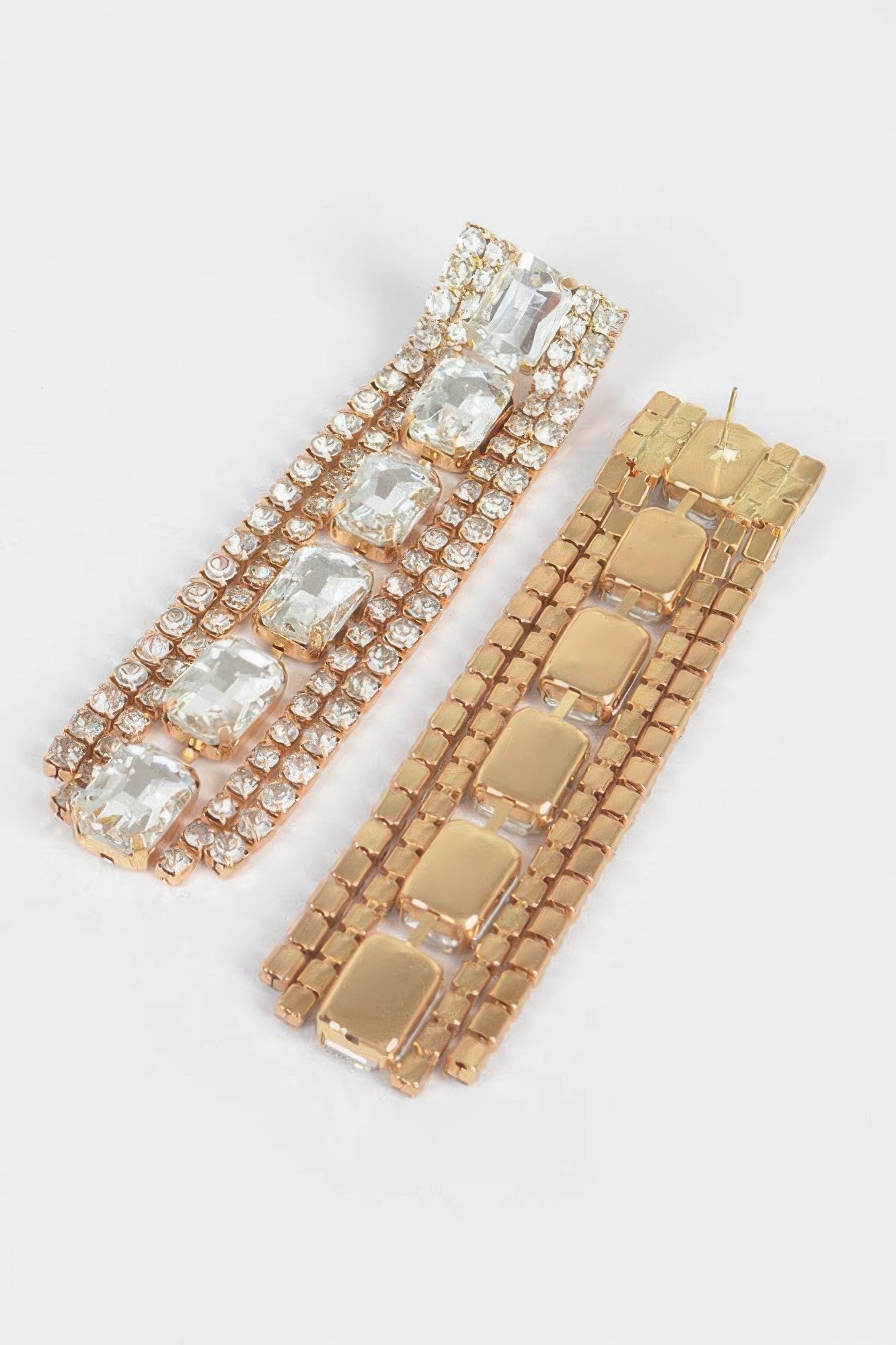 Rhinestone earrings, clear gold with stacked square crystals and gold-tone settings