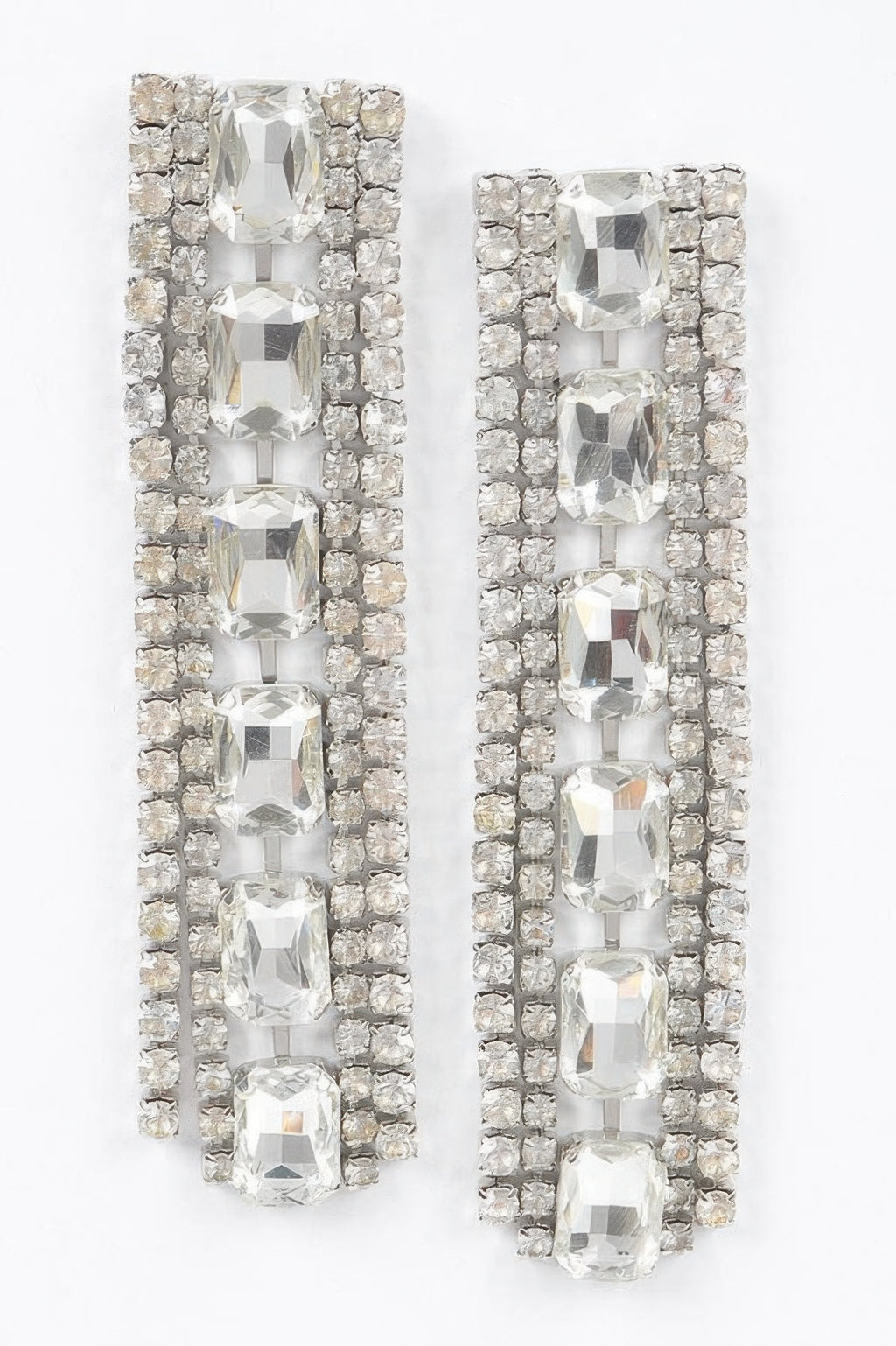 Rhinestone earrings, clear silver—large cushion stones set in a sparkling vertical frame