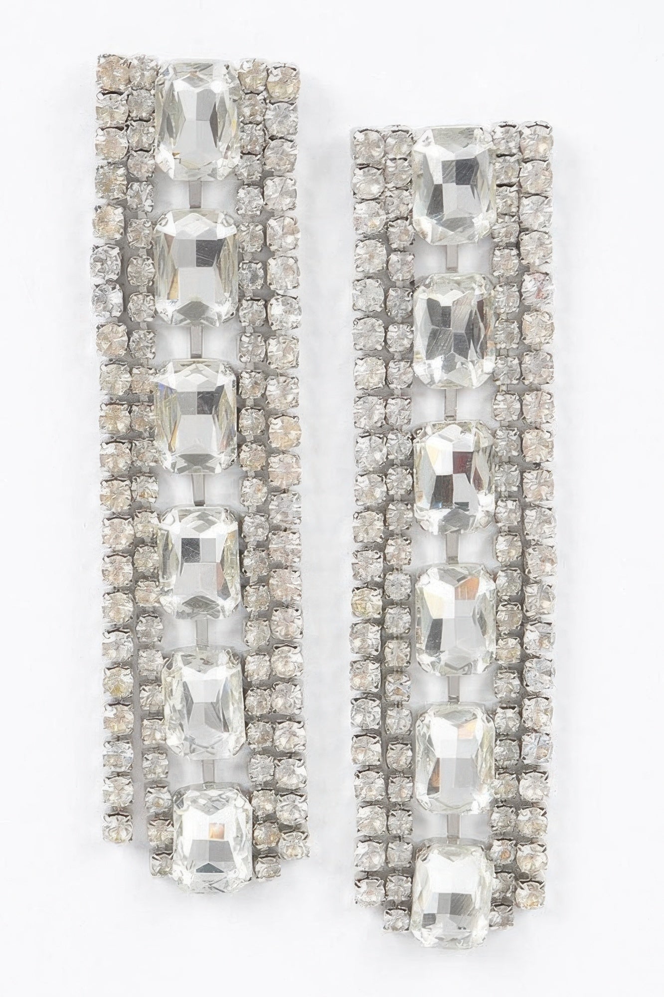Rhinestone earrings, clear silver—large cushion stones set in a sparkling vertical frame