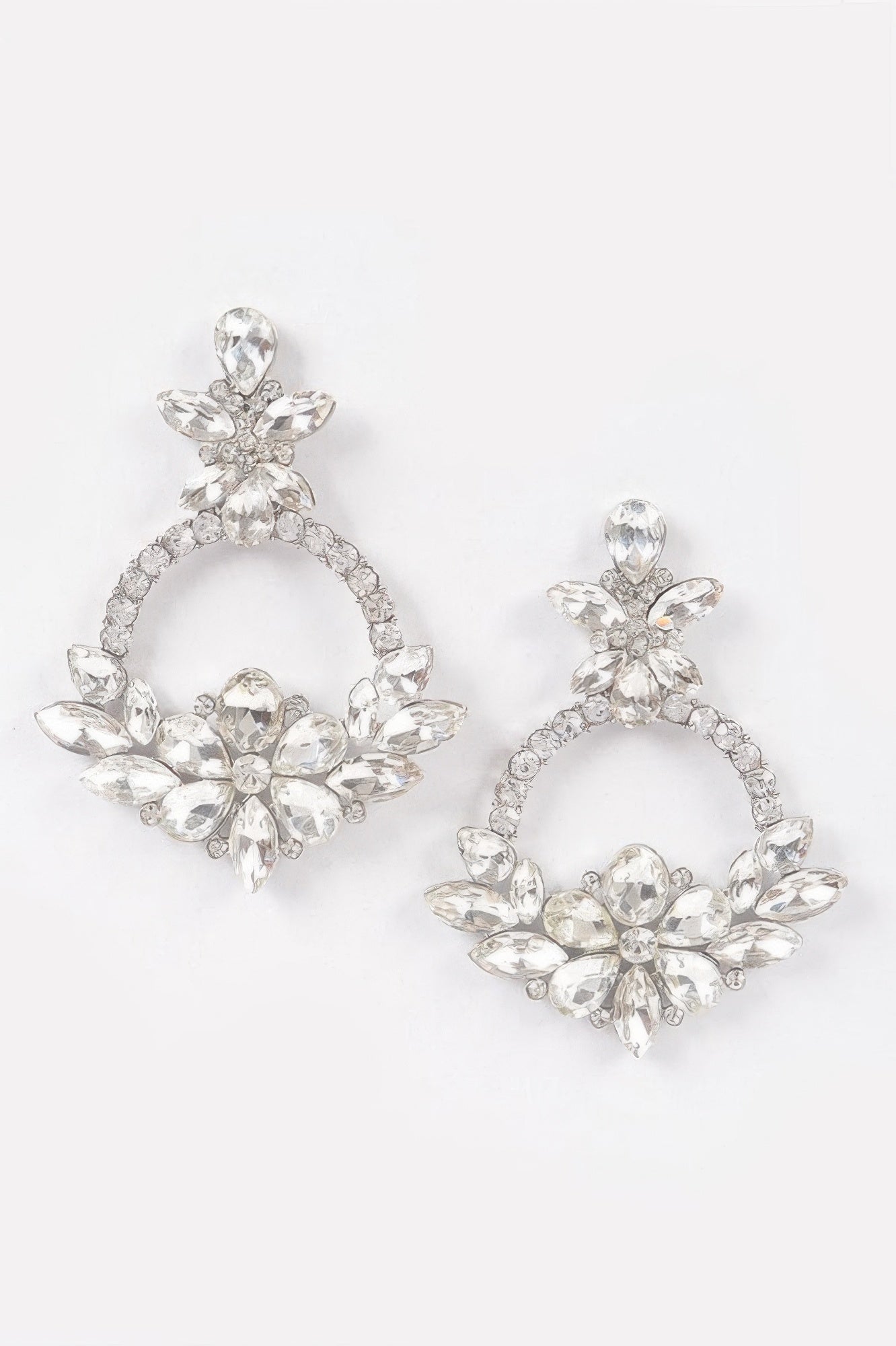 Rhinestone hoop earrings, clear stones with silver-tone flower centerpiece