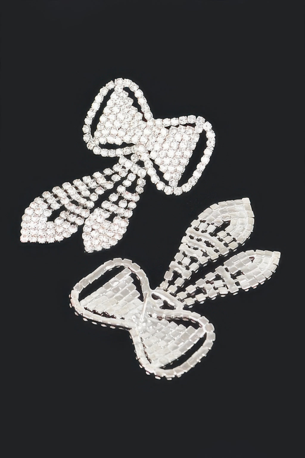Rhinestone bow earrings, sparkling cross pattern and long tassel fringe