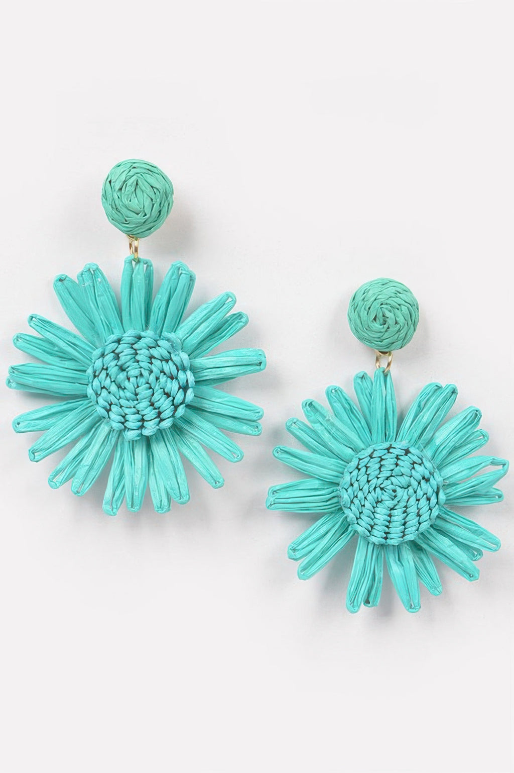 Turquoise flower earrings with round woven tops and long petal strands