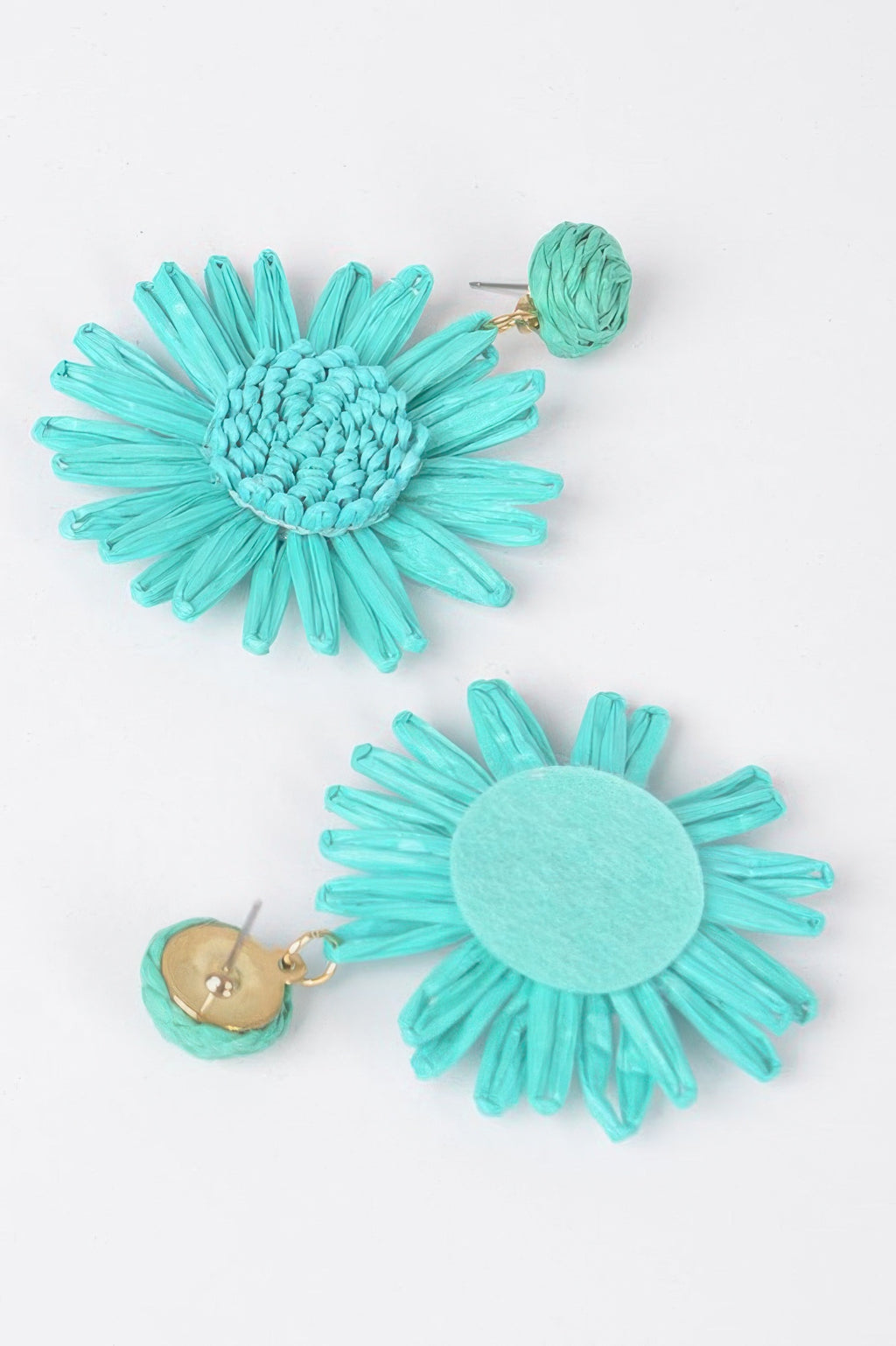 Turquoise flower earrings: front view with gold stud backs and daisy-like petals