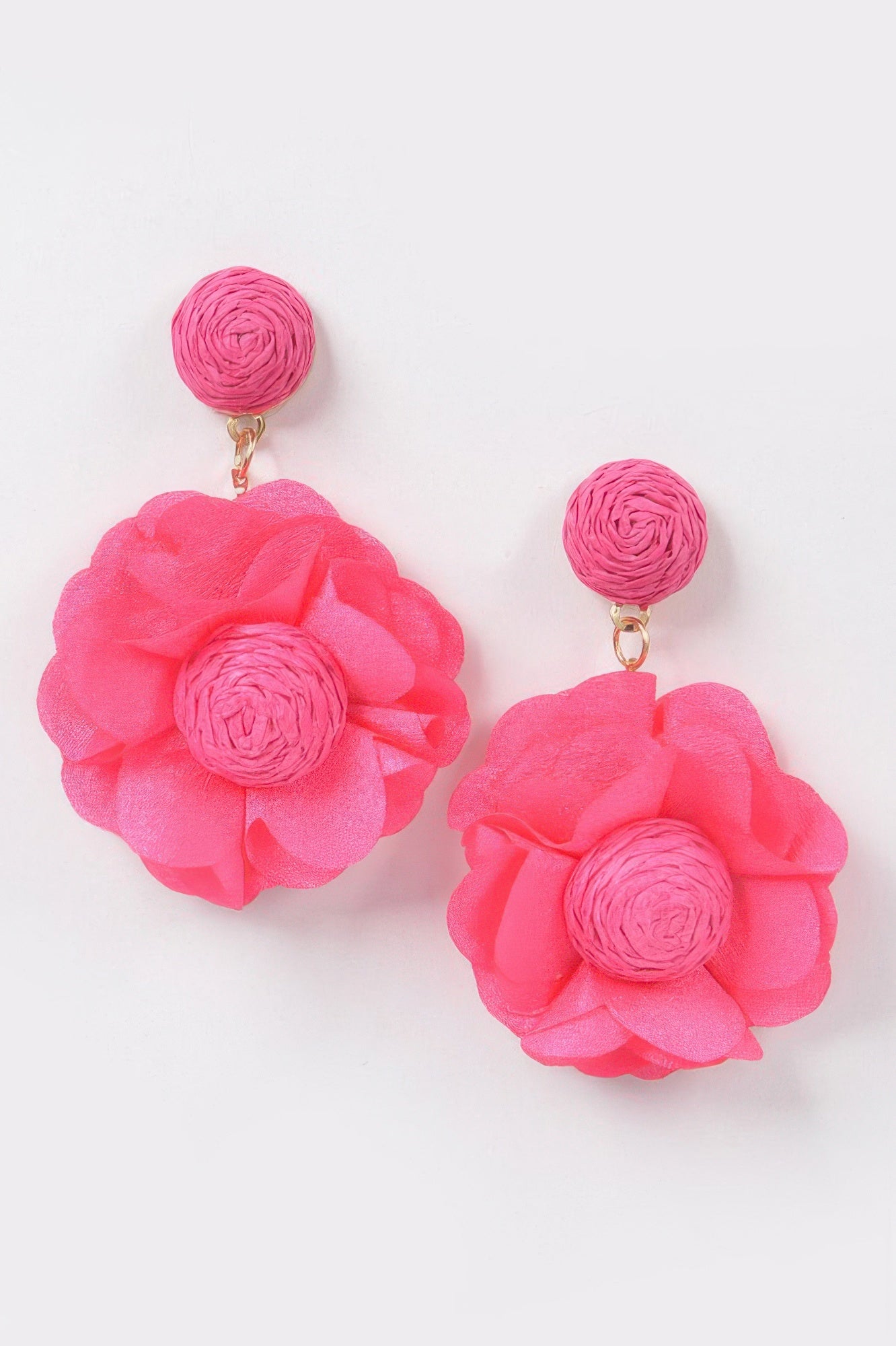 Flower Earring in Fuchsia: rolled top bead with oversized layered flower petals