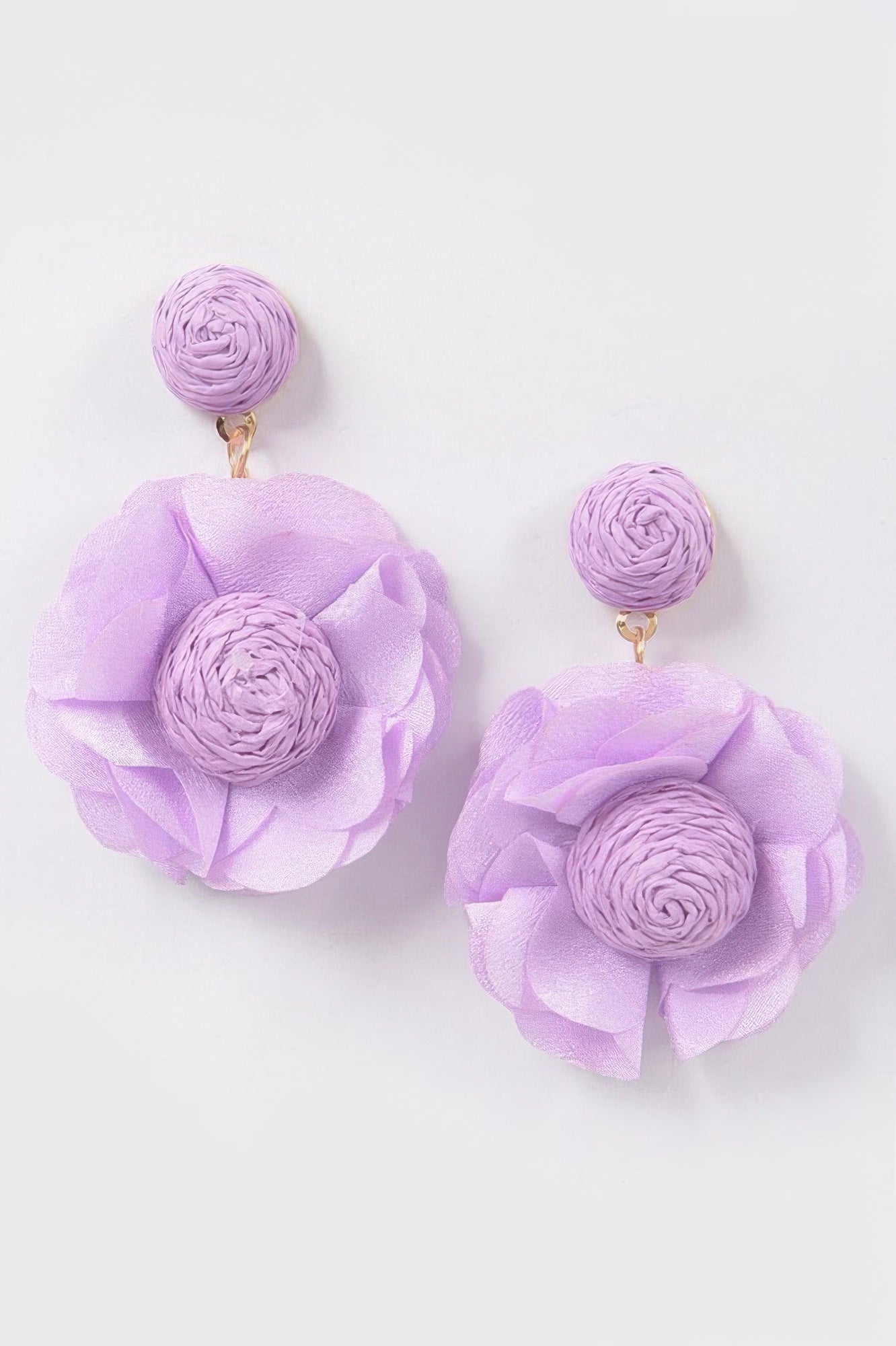 Flower Earring in Lavender: rolled bead drop with soft layered flower bloom