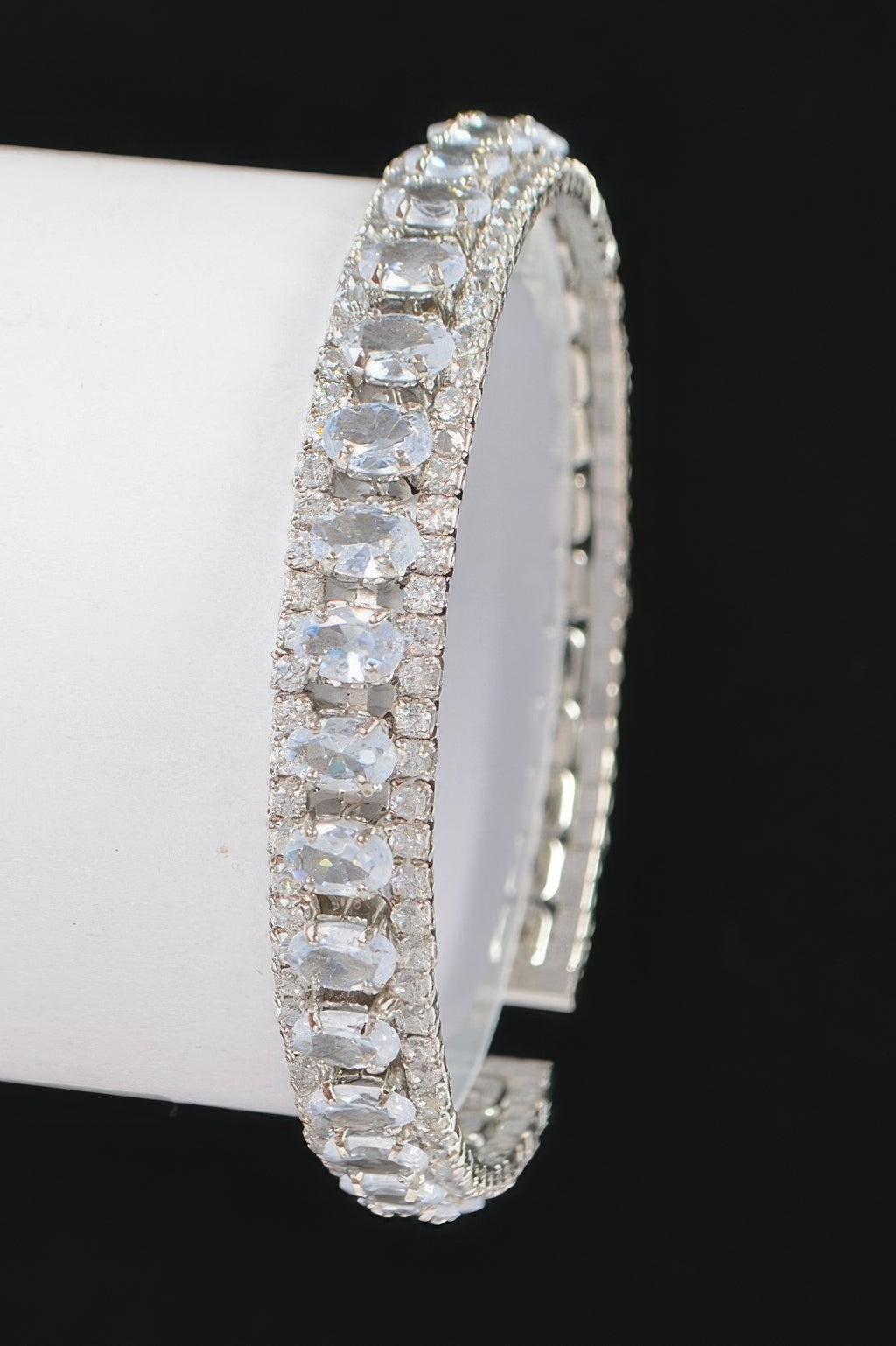 Silver-toned cubic zirconia bracelet with clear stones, open cuff