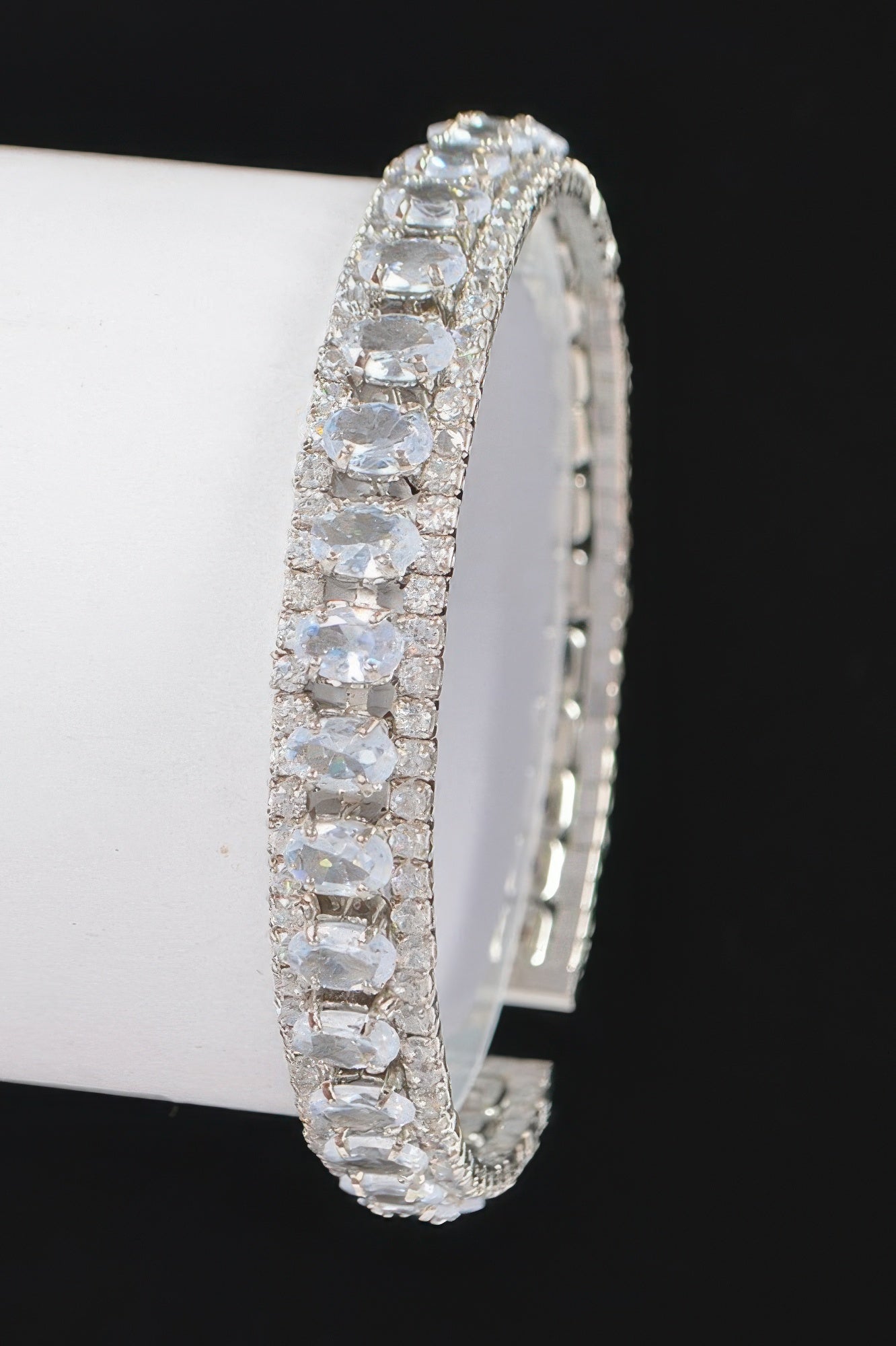 Silver-toned cubic zirconia bracelet with clear stones, open cuff