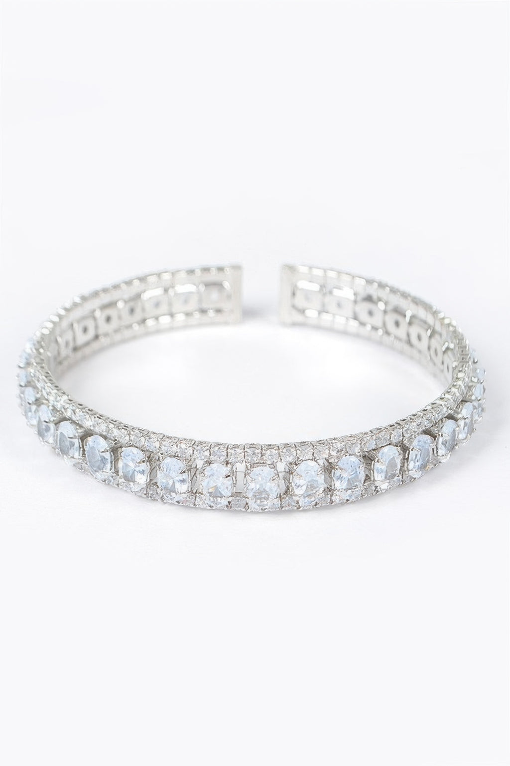 Silver cubic zirconia bracelet with clear stones, open cuff band