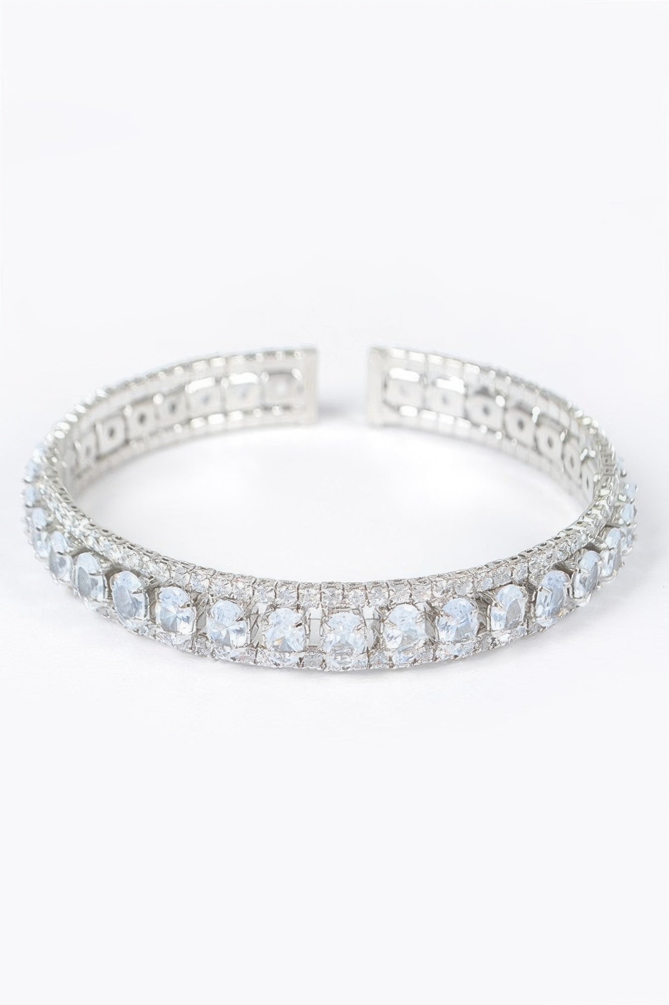 Silver cubic zirconia bracelet with clear stones, open cuff band