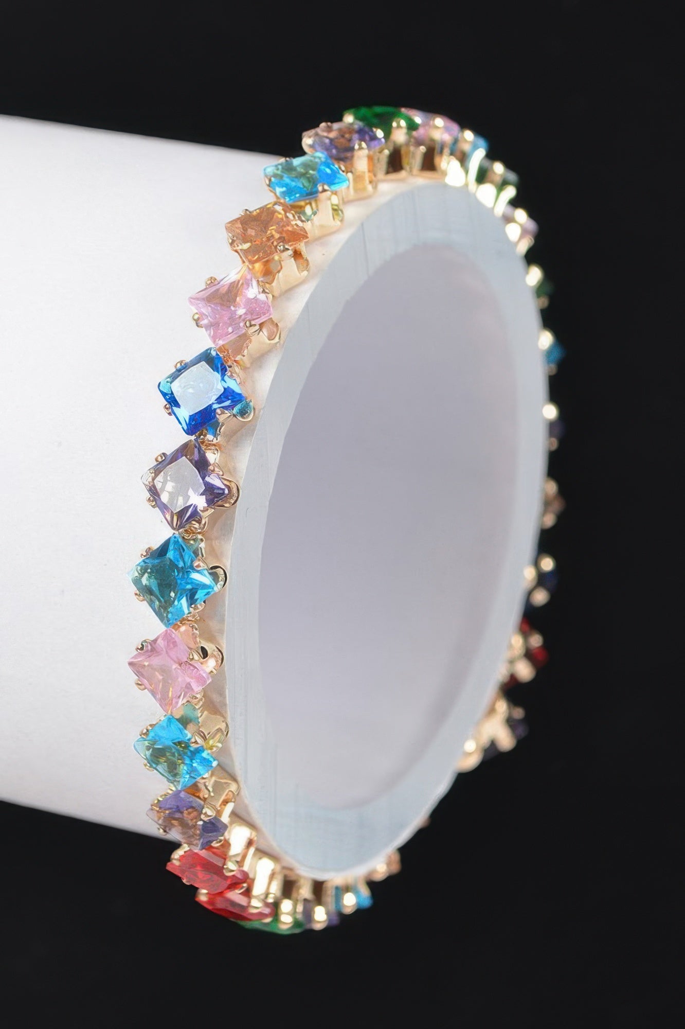 Cubic zirconia bracelet with multicolor square stones and gold-tone frame