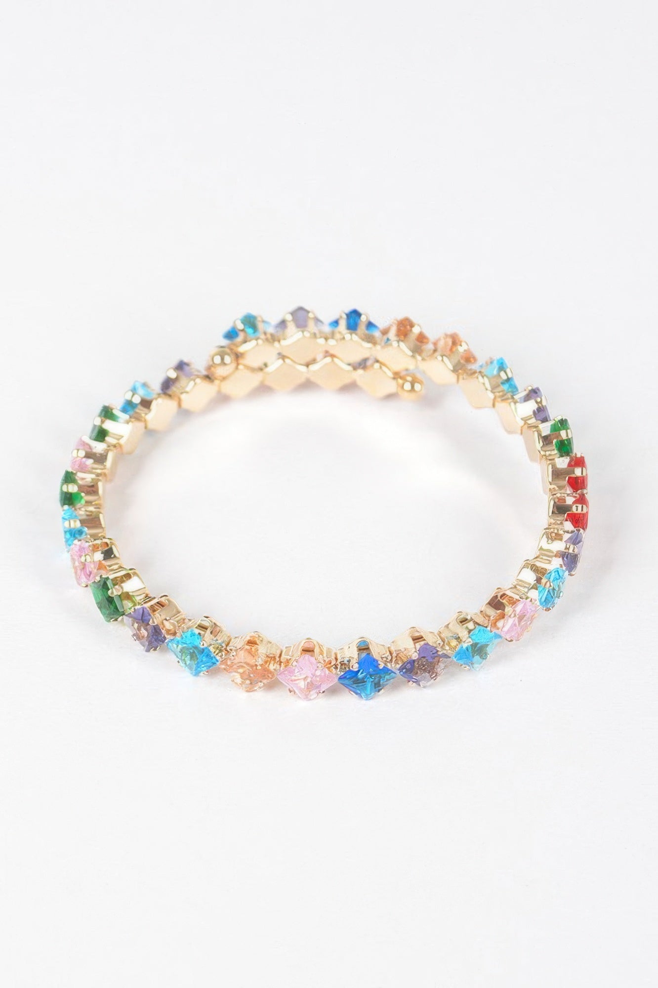 Cubic zirconia bracelet with multicolor rectangular stones in gold-tone bezel
