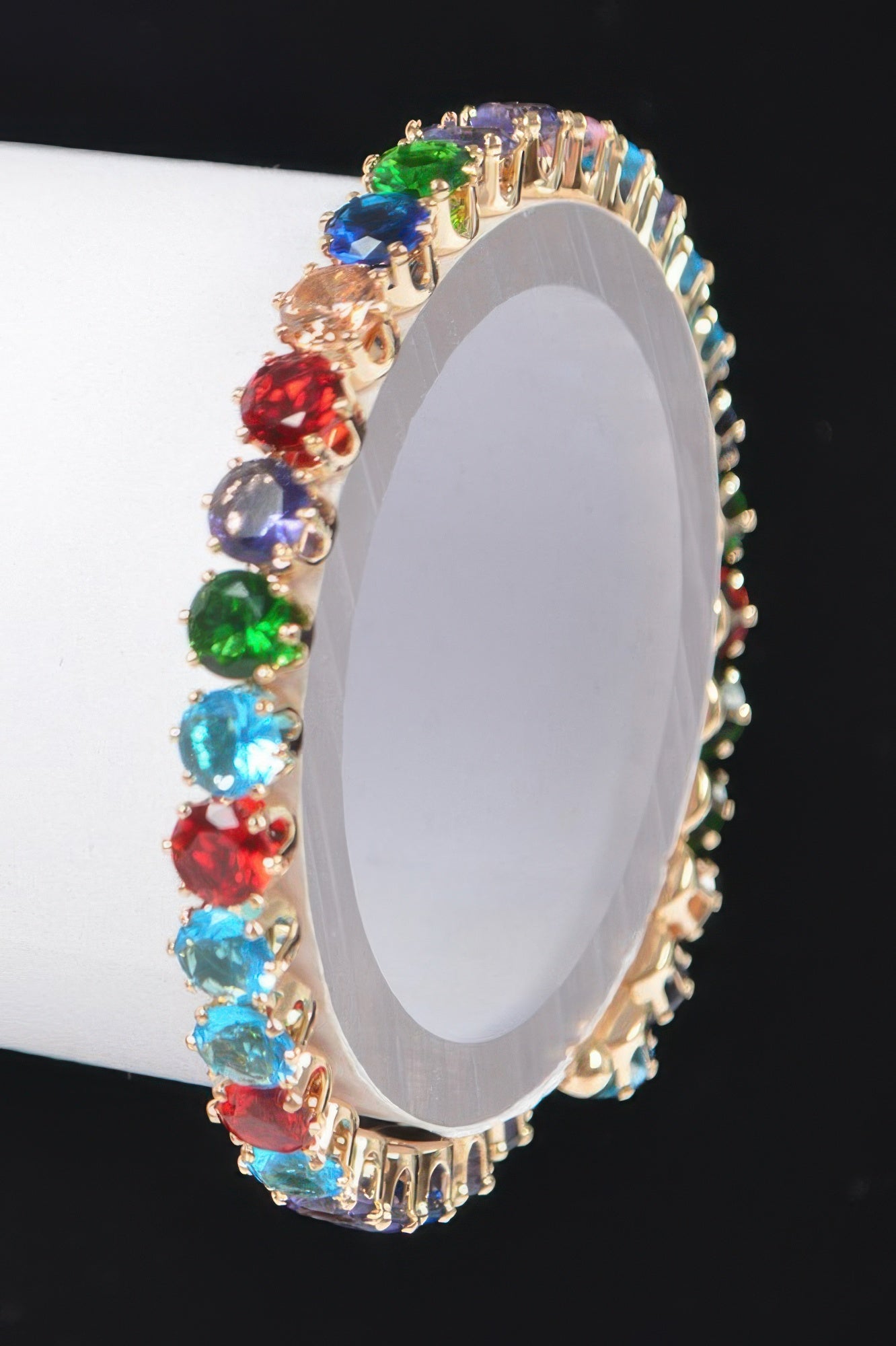 Multicolored cubic zirconia tennis bracelet, gold-tone bezel stones