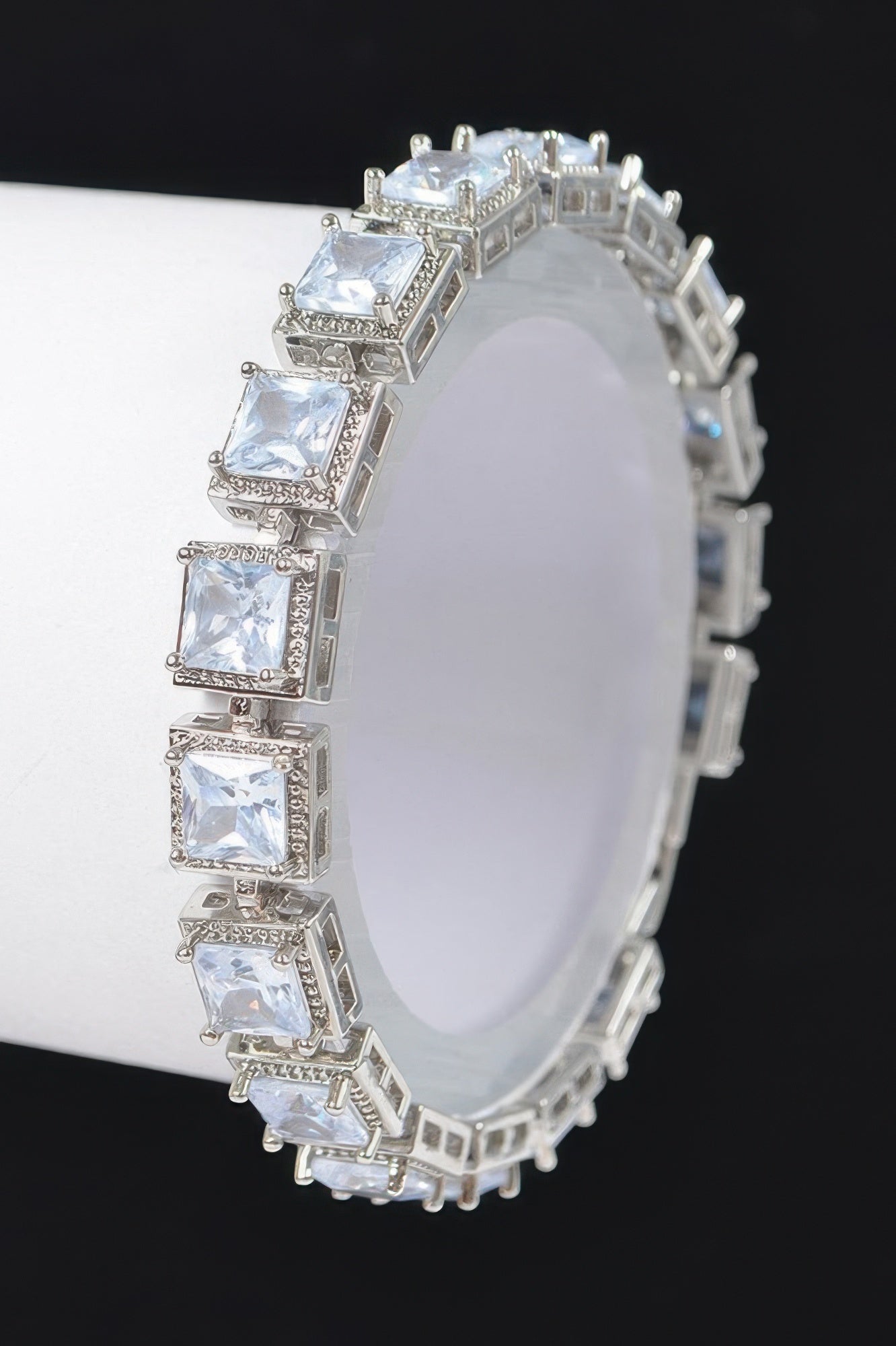Cubic zirconia bracelet, silver-tone with clear square stones and hinged oval band