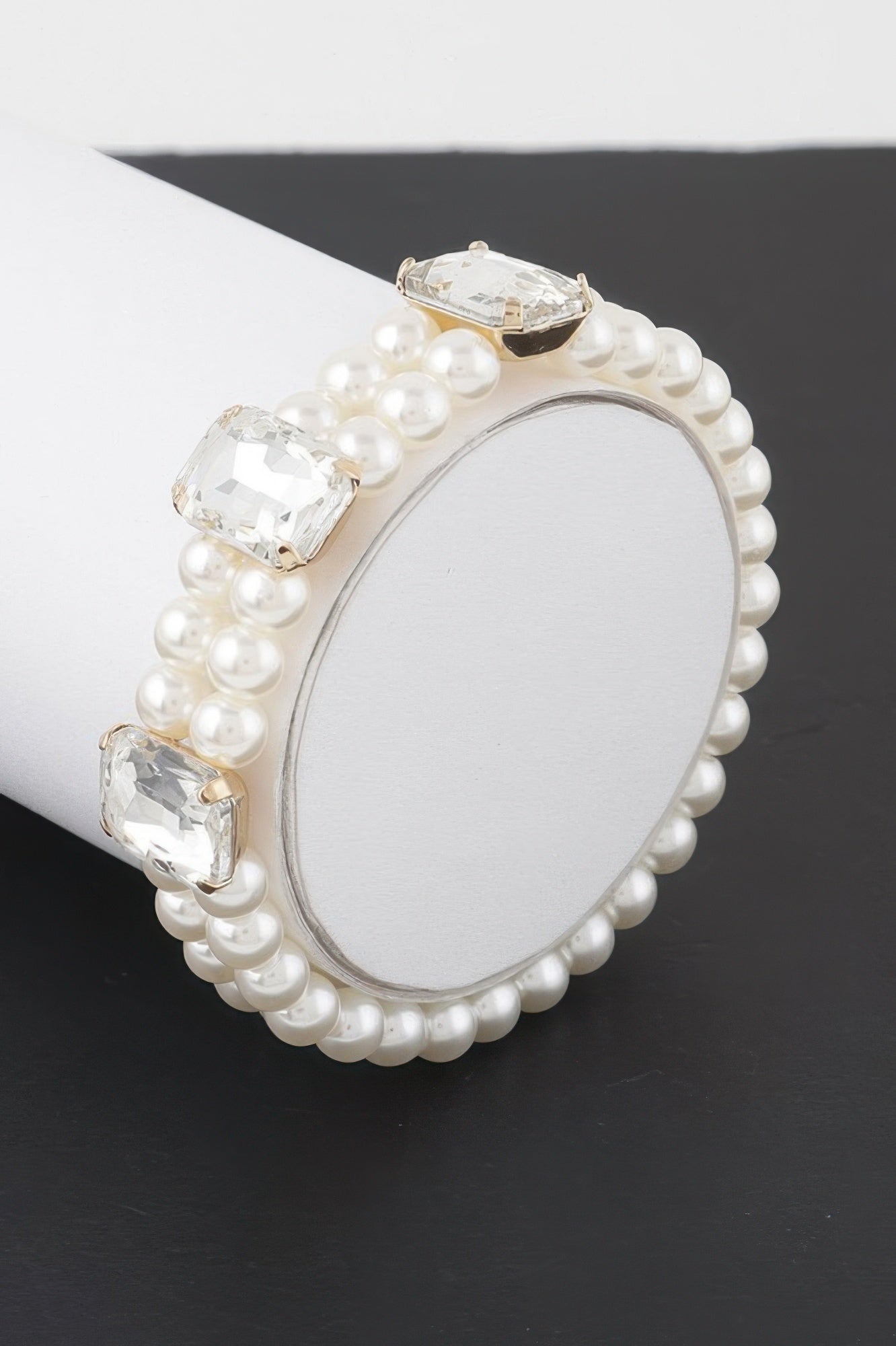 Pearl beaded rhinestone bracelet with clear crystal square stones and gold-tone bezels