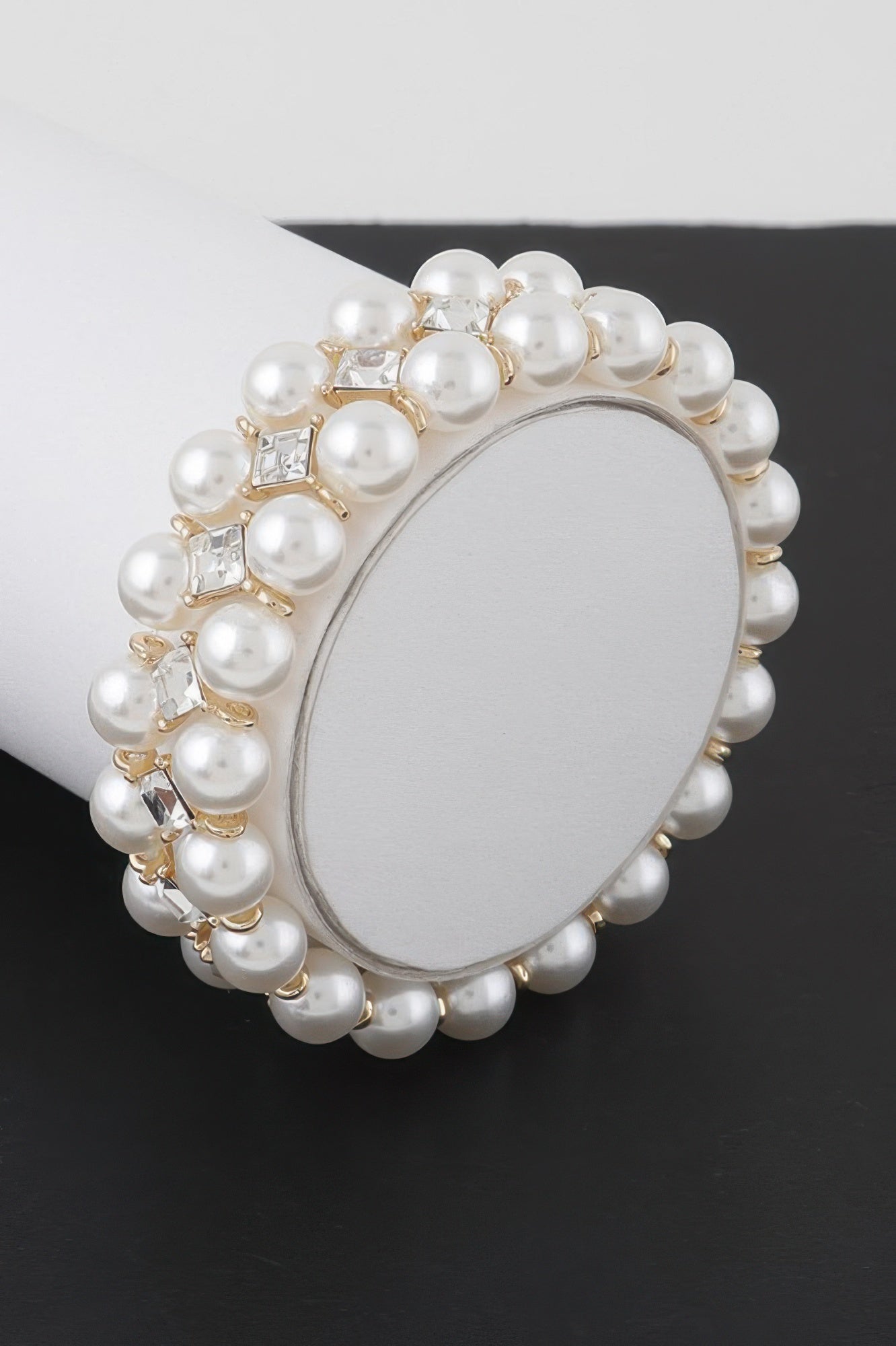 Diamond jewel beaded bracelet with cream pearl beads and gold-tone diamond accents