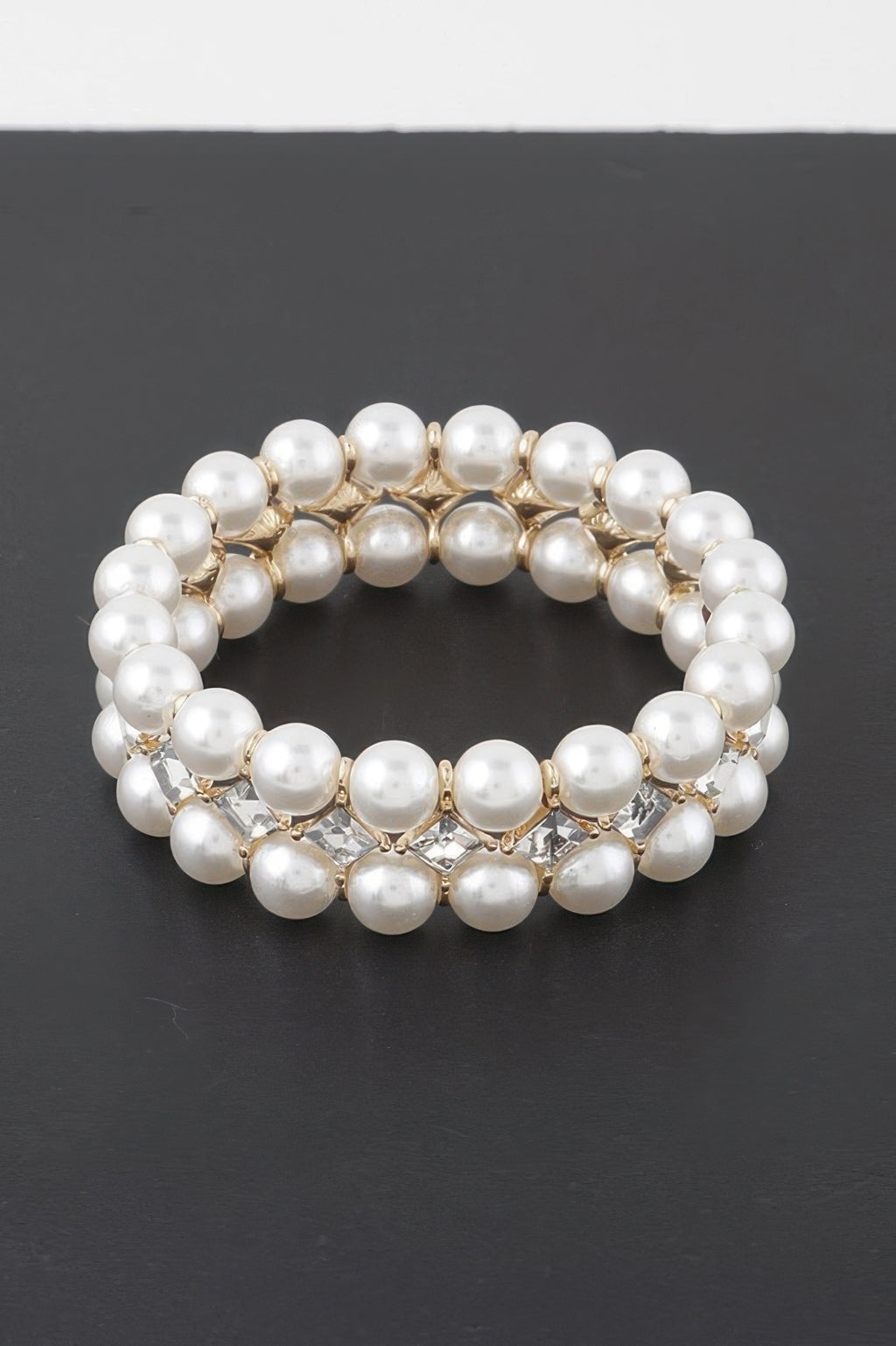 Diamond jewel beaded bracelet, round cream pearl strands with sparkle rhinestone rows