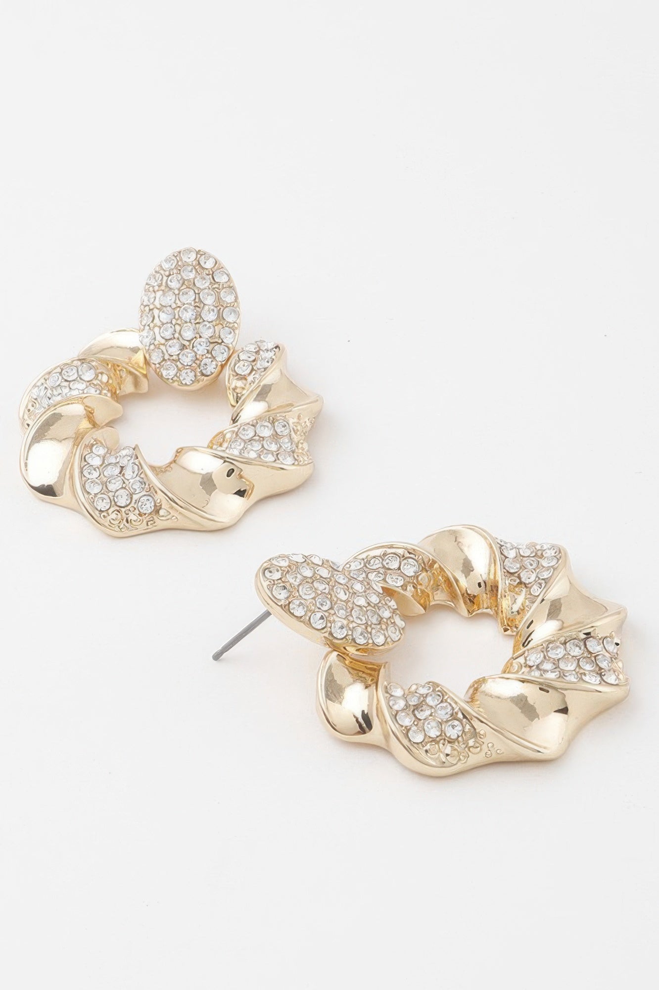 Twisted jewel wreath earrings, gold-tone with clear rhinestones and stud back post.