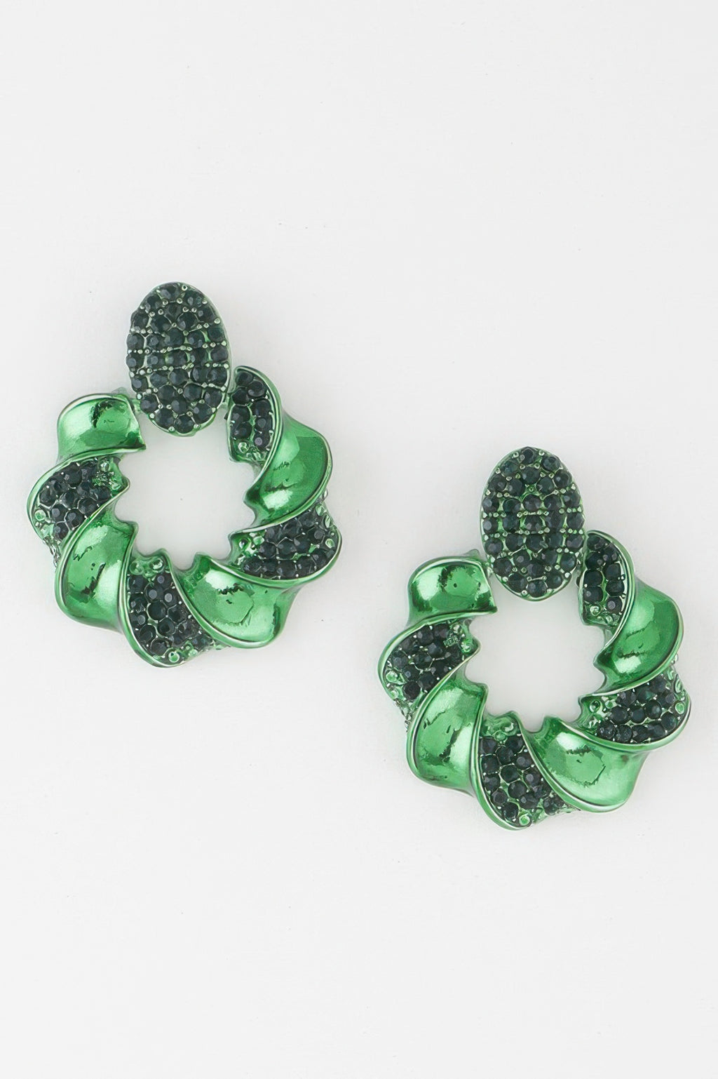 Twisted jewel wreath earrings in green with dark rhinestones, scalloped wreath hoop shape.