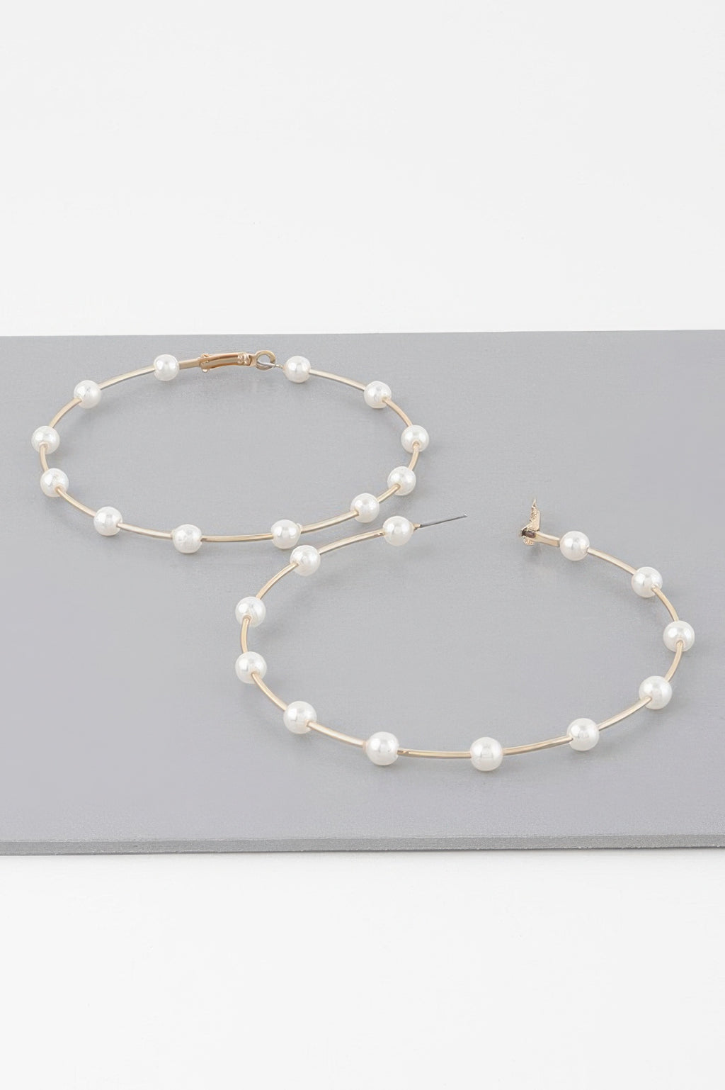 Cream faux pearl hoop earrings, gold-tone open hoop with straight post