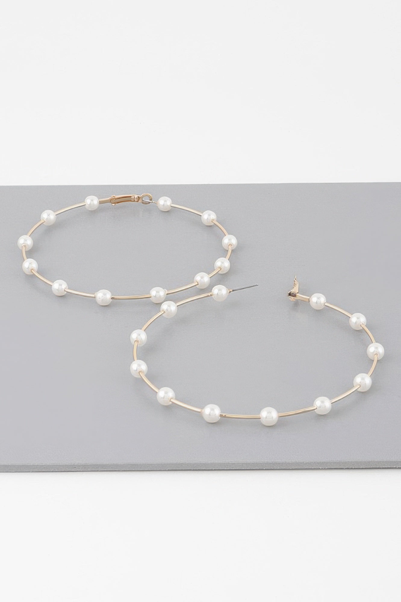 Cream faux pearl hoop earrings, gold-tone open hoop with straight post