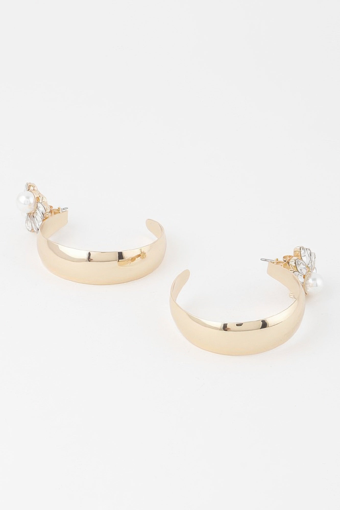 Shiny Pearl hoop earrings, gold-cream, floral pearl cluster on hoop edges