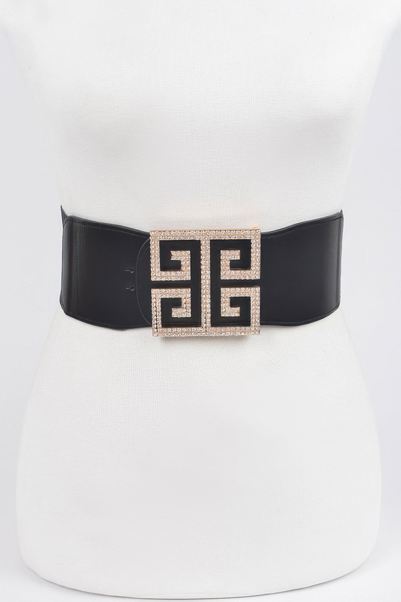 Rhinestone buckle stretch belt, black with gold-toned square G buckle