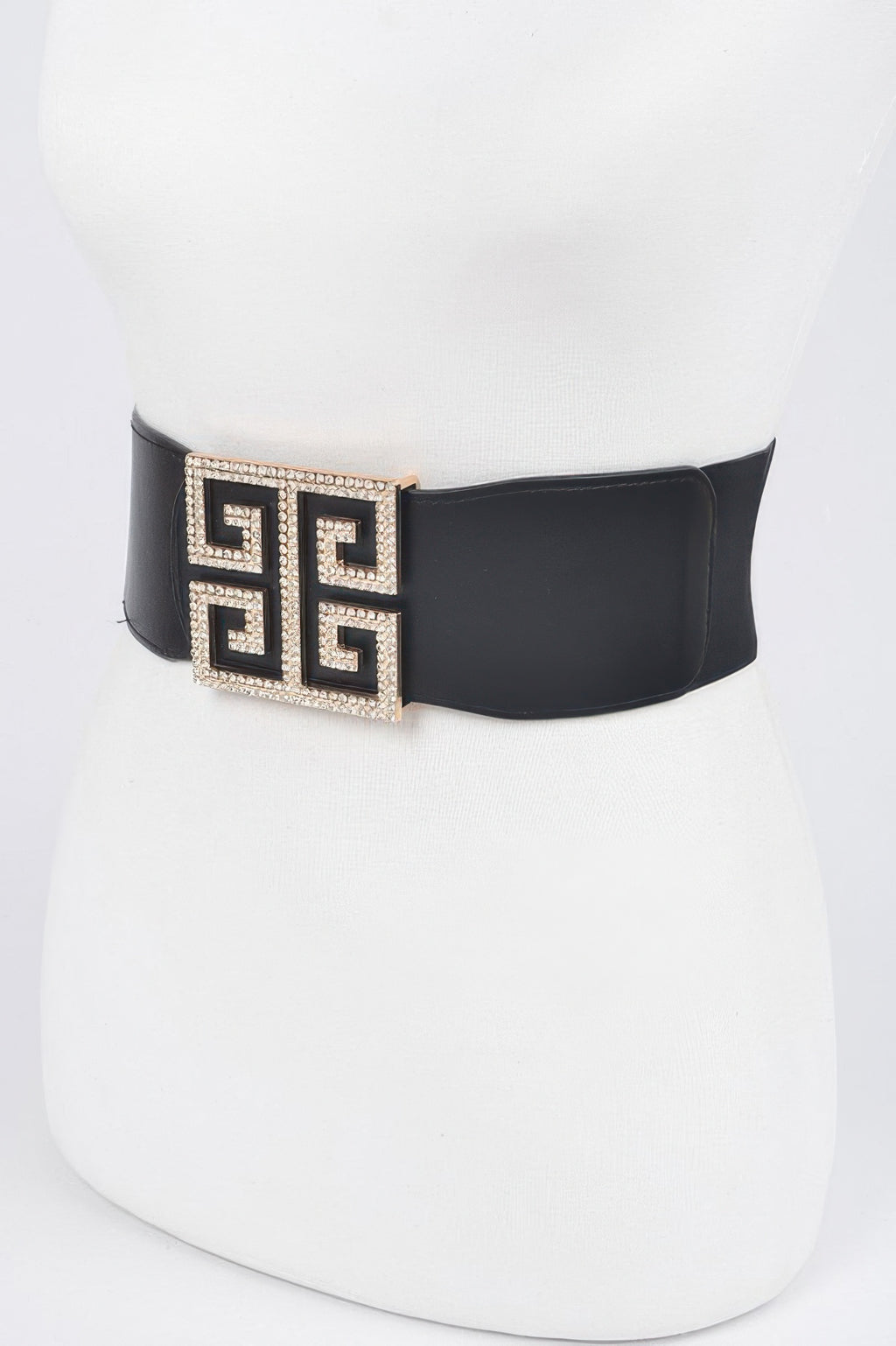 Rhinestone buckle stretch belt, black band with large gold-toned geometric square buckle