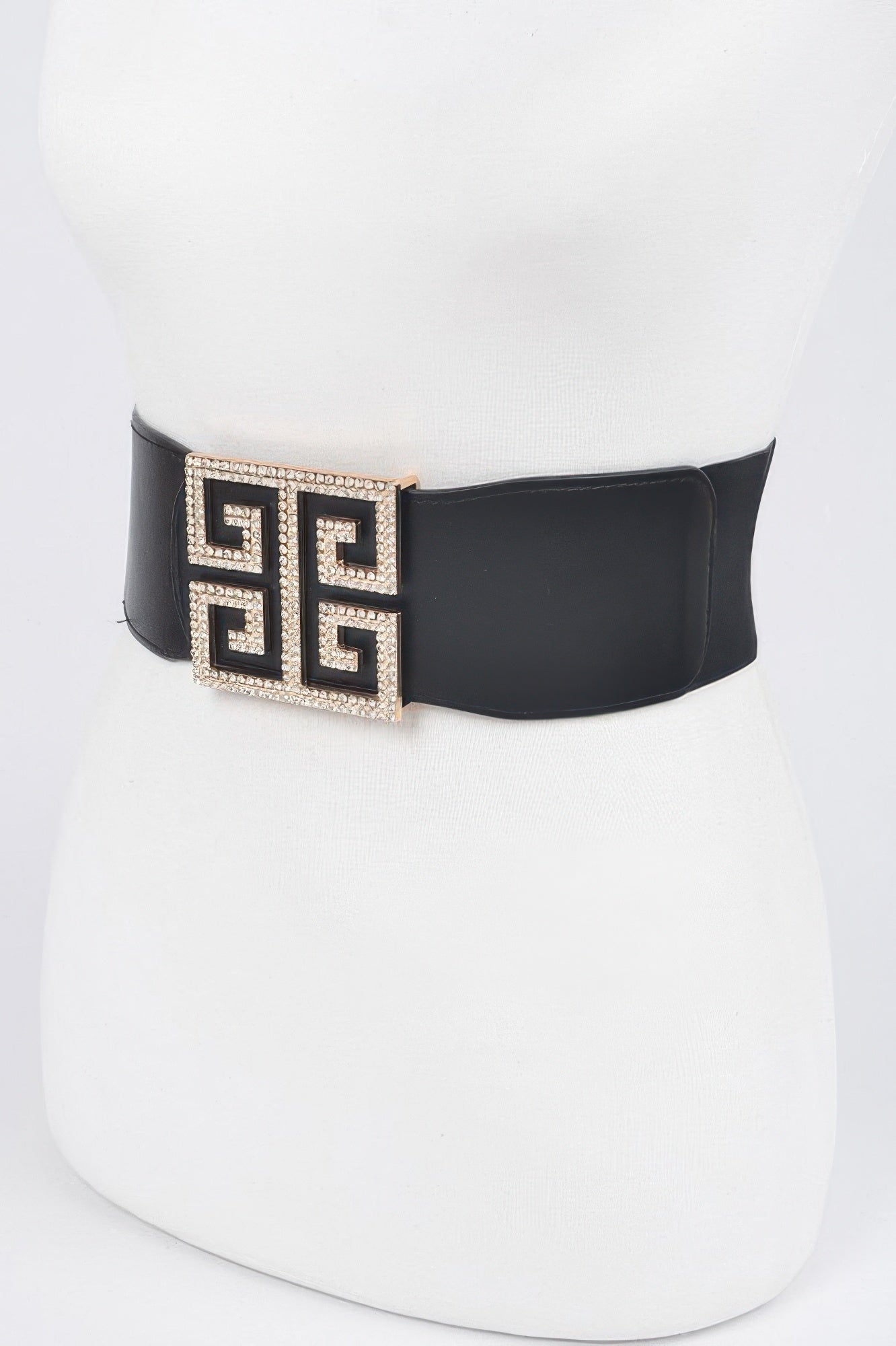 Rhinestone buckle stretch belt, black band with large gold-toned geometric square buckle